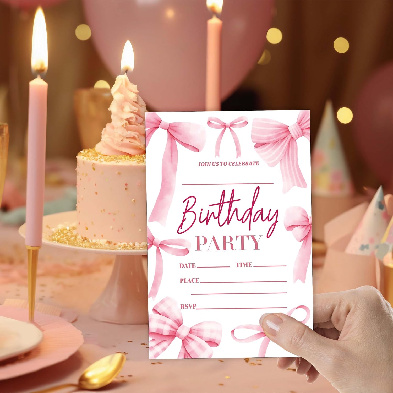 Eronm 20 Pack Pink Bow Birthday Invitations with Envelopes