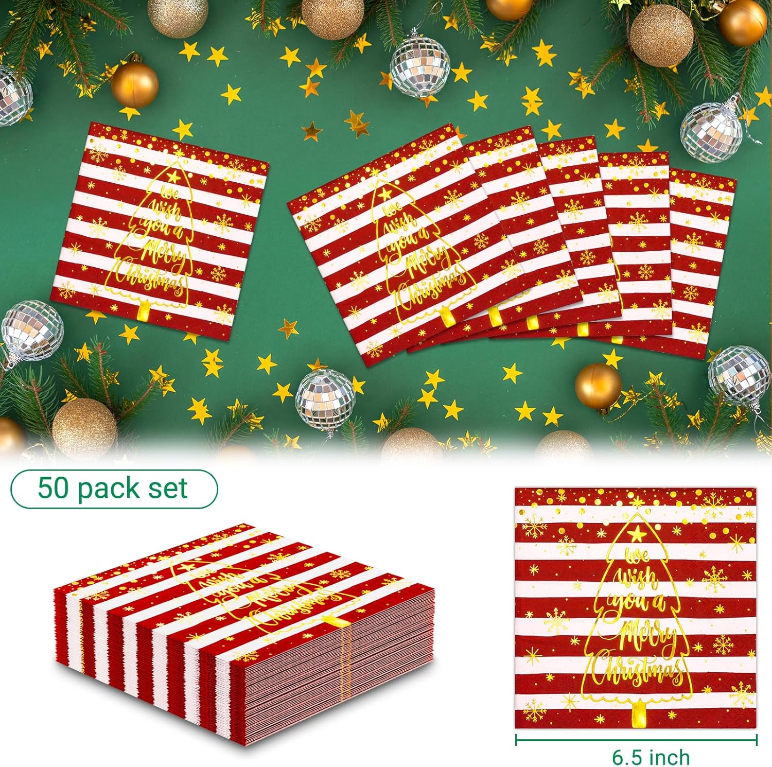 Golden Foil Christmas Tree 3-Ply Napkins - 50pcs Pack