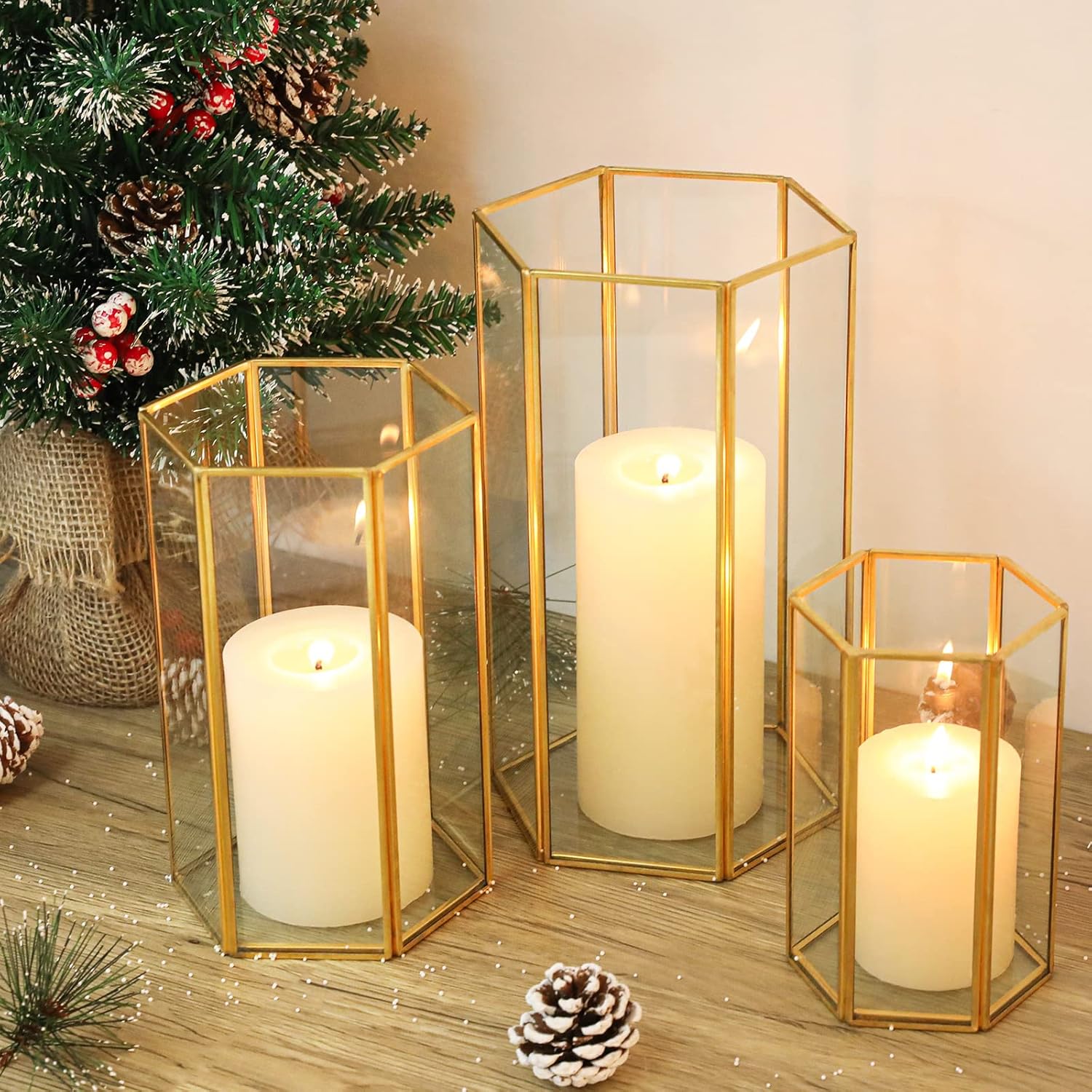 Glass Hurricane Candle Holder Set of 3 with Gold Frame