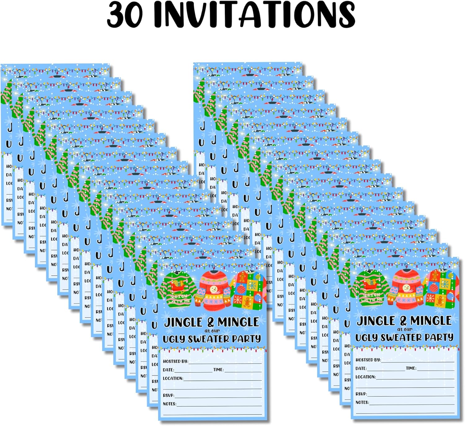 Lashicorn Ugly Christmas Sweater Party Invites 30-Pack 4x6 Blue