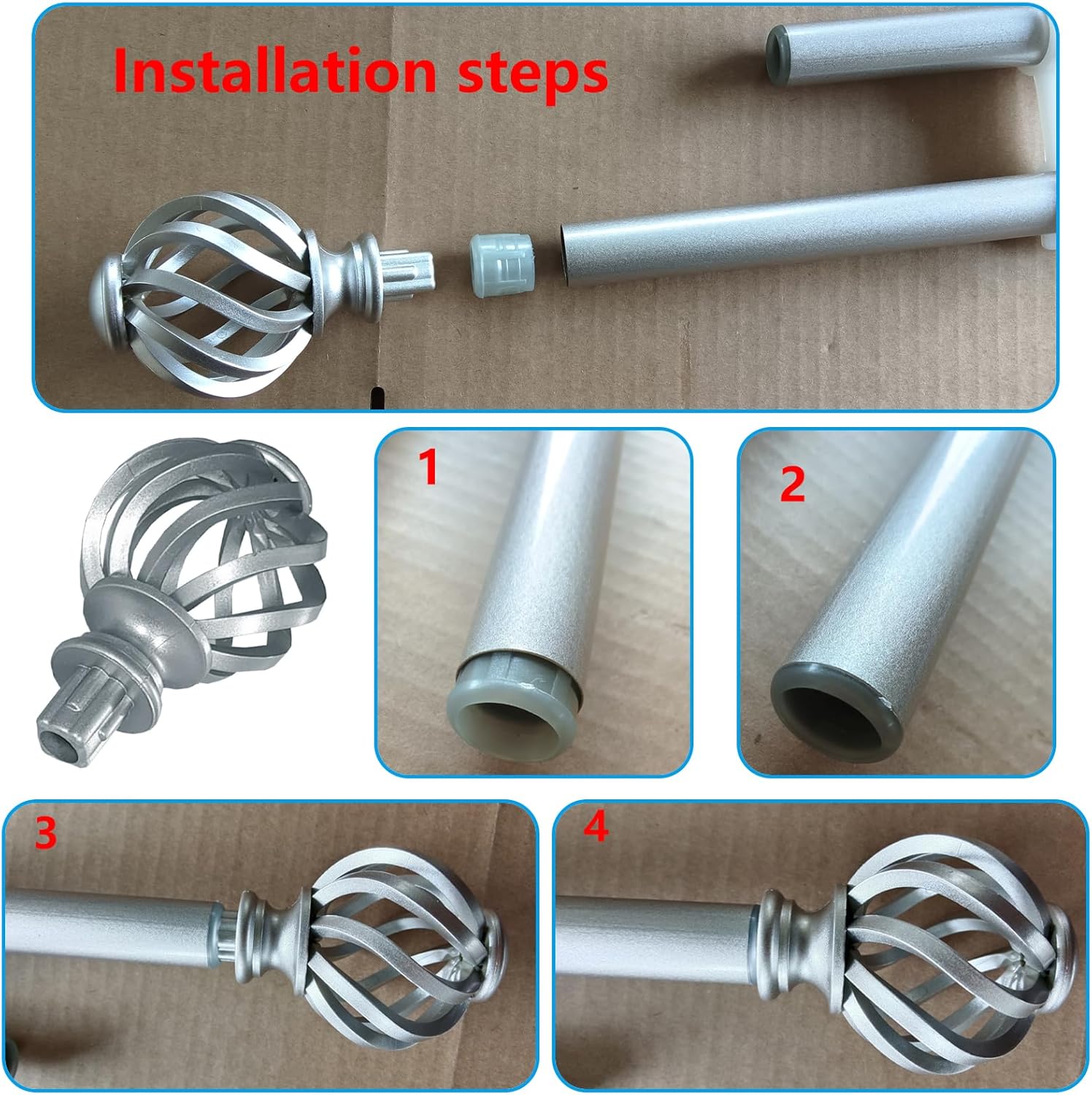 4 Pcs Spiral Cage Curtain Rod Finials for 58 Inch Rod