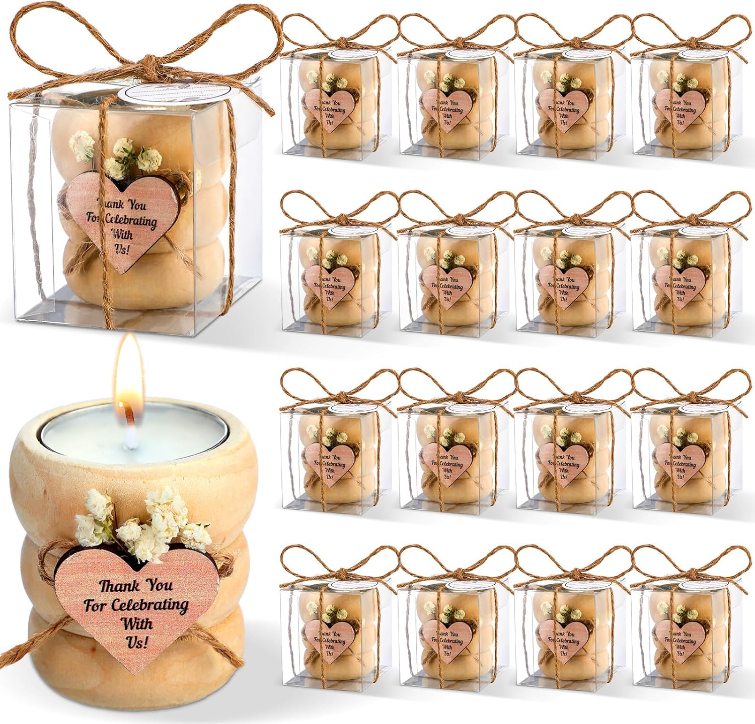 MTLEE 16 Piece Wooden Tealight Candle Holder Set with Cards and Rope