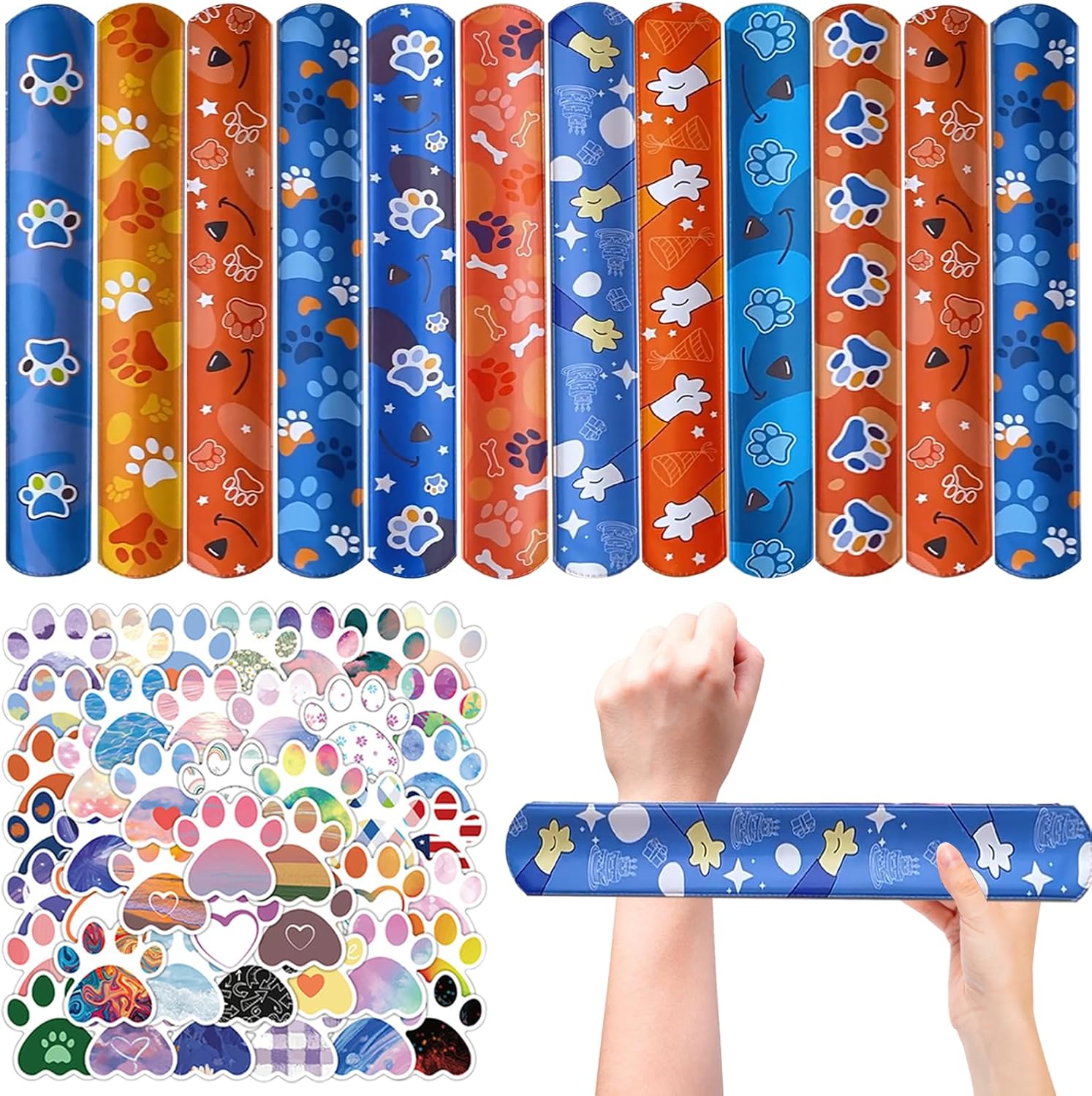 74PCS Dog Paw Party Favor Set with Slap Bracelets and Stickers