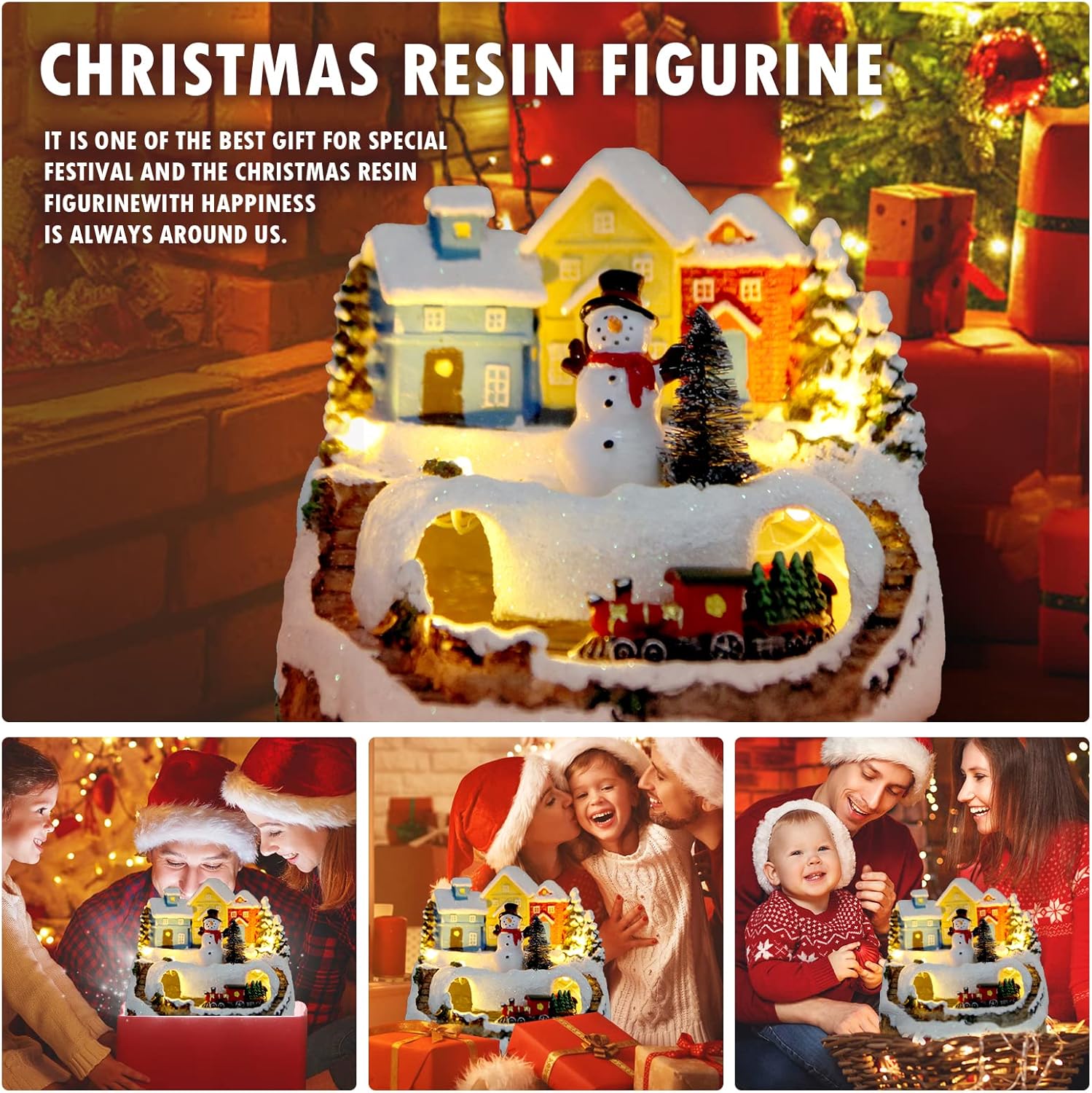 Christmas Village Musical Snow Globe Resin Figurines with 8 Music Snowman