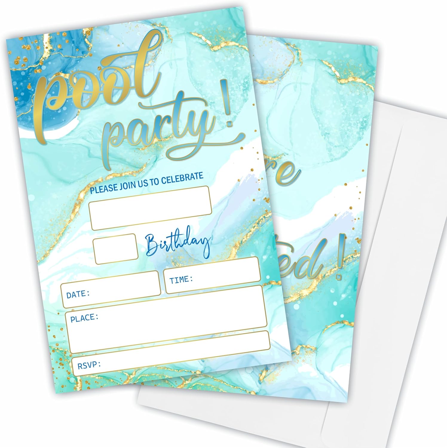Pool Party Birthday Invitations 4x6 Gold Blue Double Sided