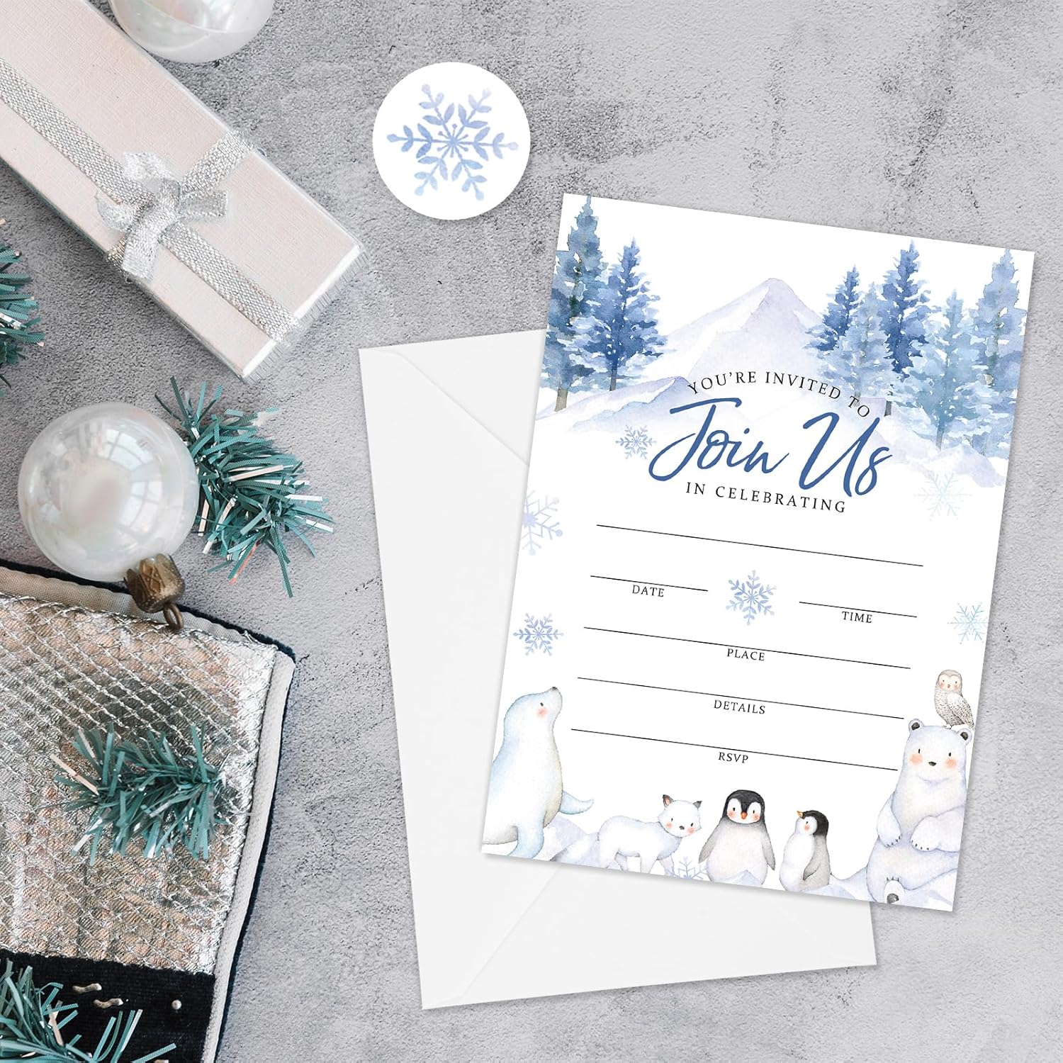 Whaline 25 Set Winter Forest Animal Snowflake Invitation Cards With Envelope Stickers