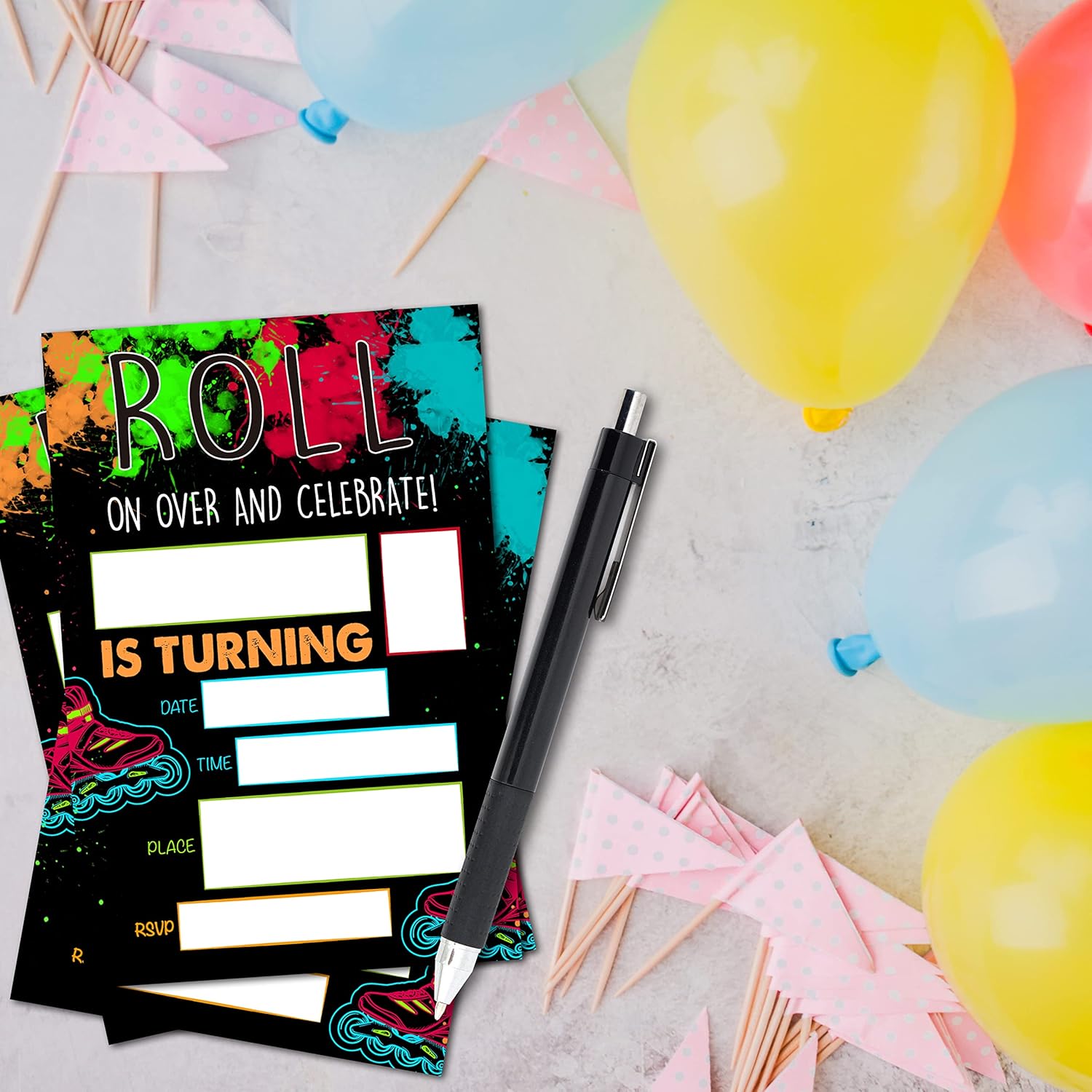 Ziiufurn Neon Glow Roller Skating Birthday Invitations With Envelopes 4x6 20 Sets