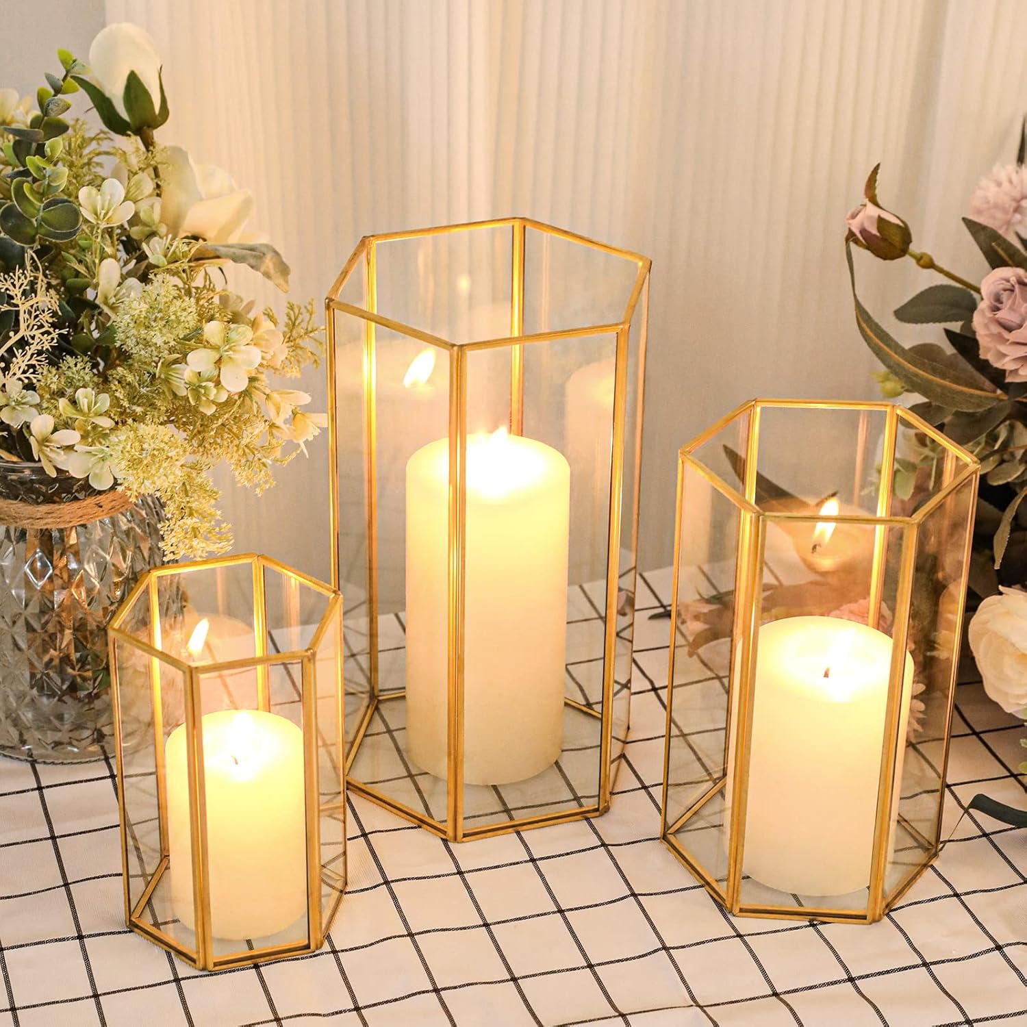 Glass Hurricane Candle Holder Set of 3 with Gold Frame