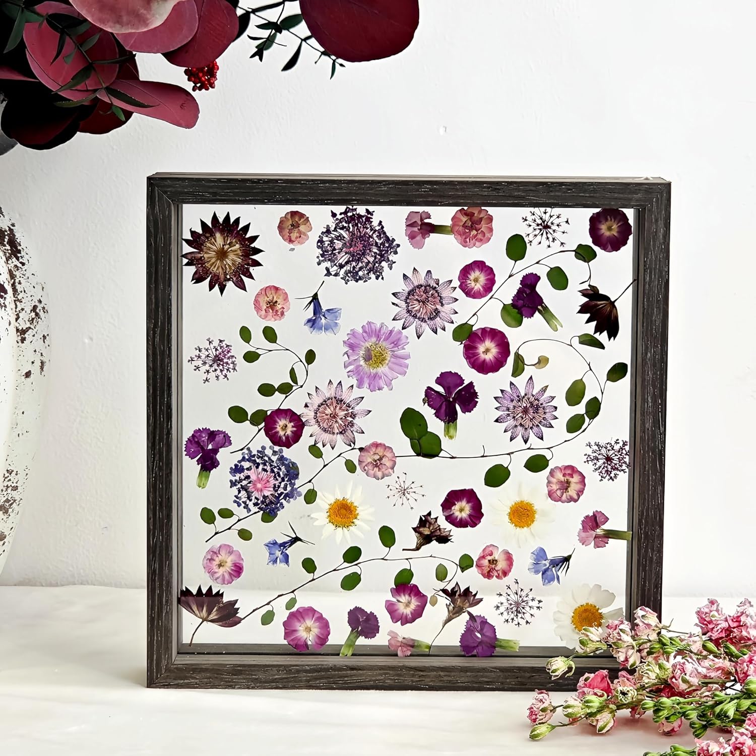 Pressed Flower Frame 85x85 Inch Handcrafted Wooden Double Glass with Real Wildflowers Purple