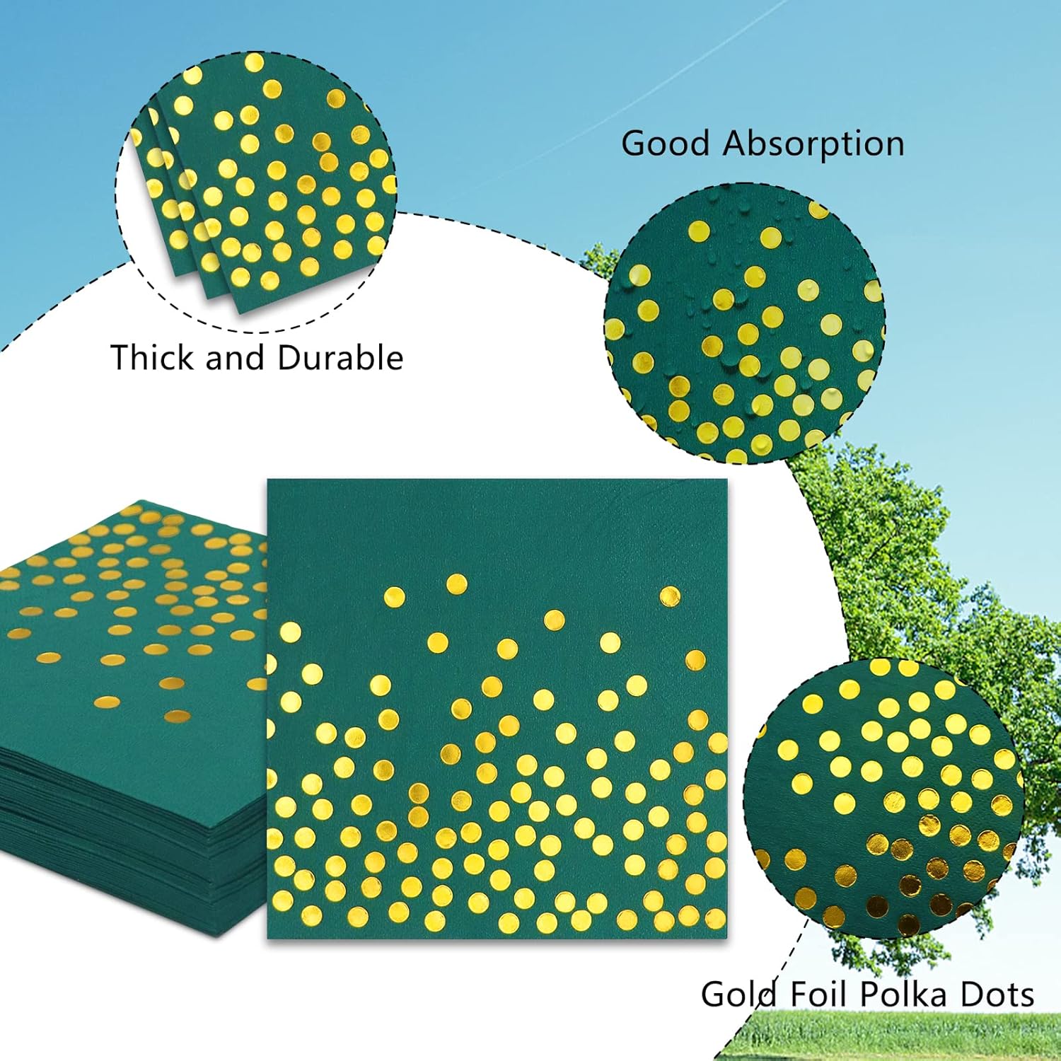 100 Pack Green and Gold Cocktail Napkins for Parties