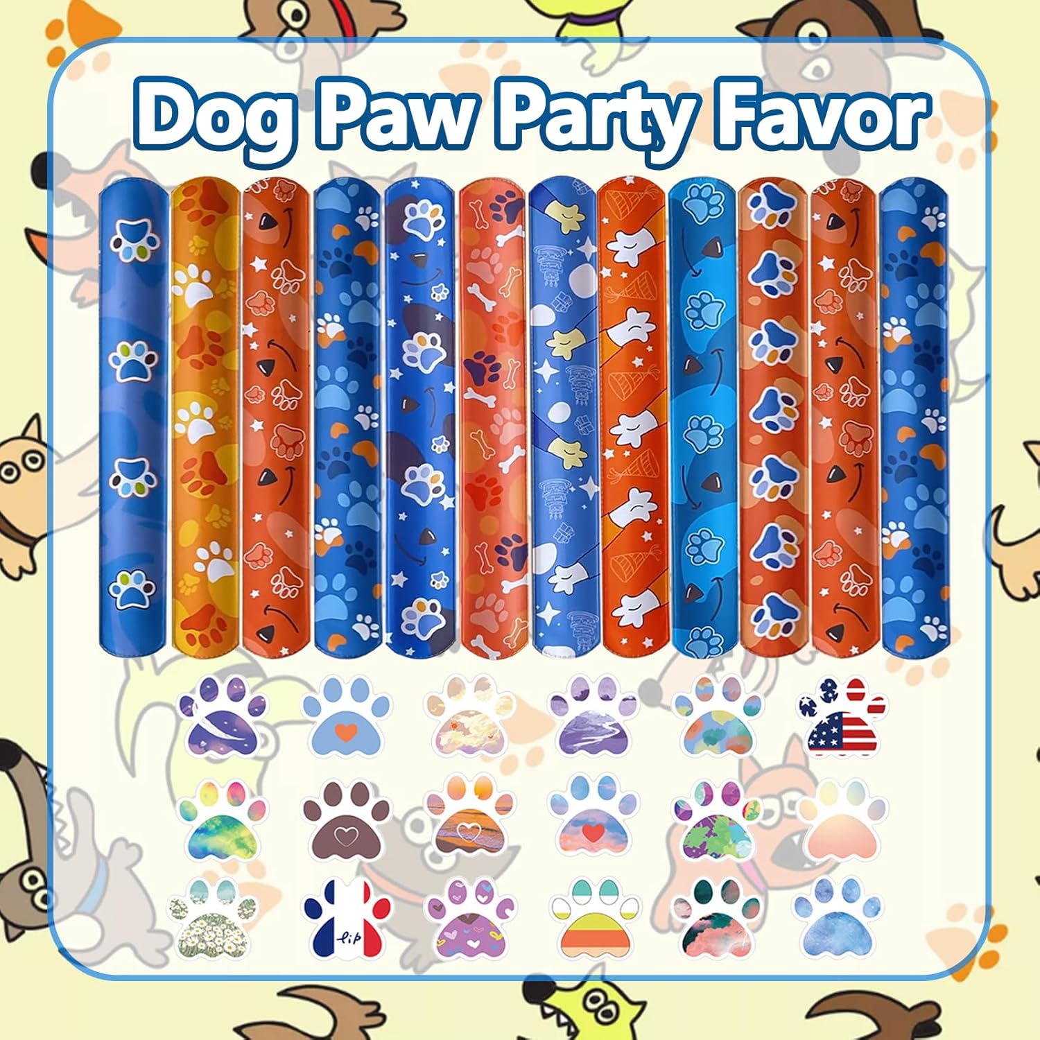 74PCS Dog Paw Party Favor Set with Slap Bracelets and Stickers