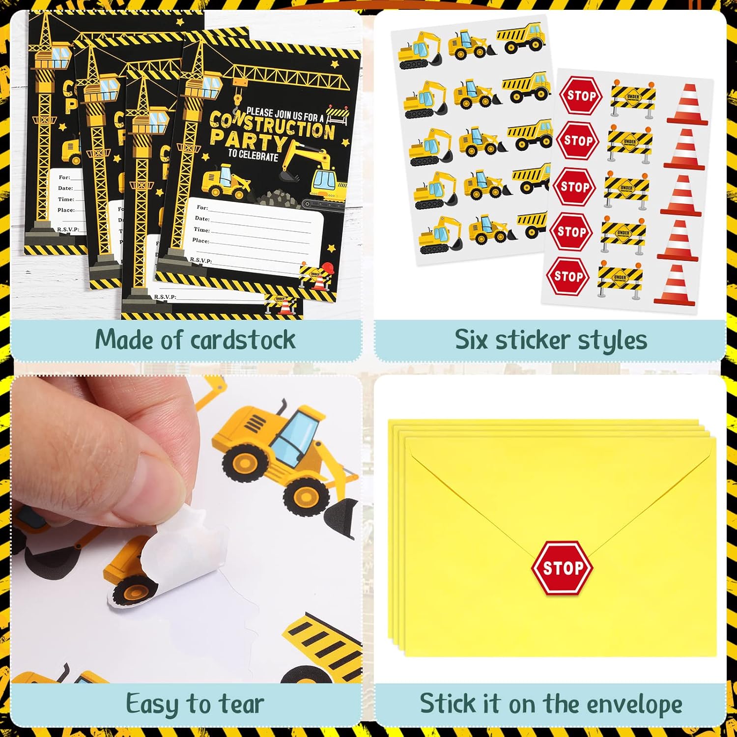 Pajean 30 Pack Construction Party Invitations with Yellow Envelopes and Stickers