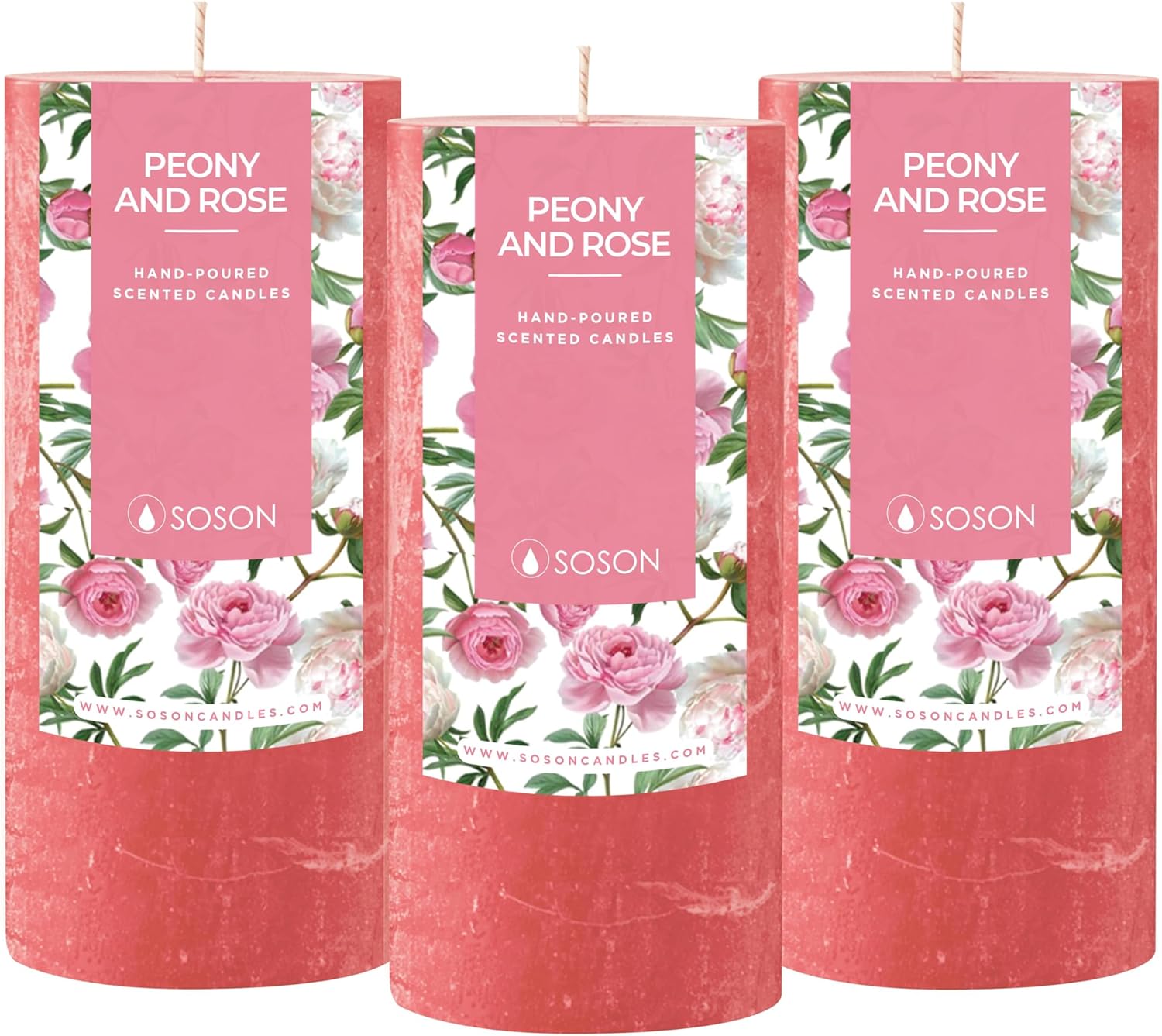 Simply Soson 3x6 Inch Pink Rustic Peony and Rose Pillar Candle - 3 Pack