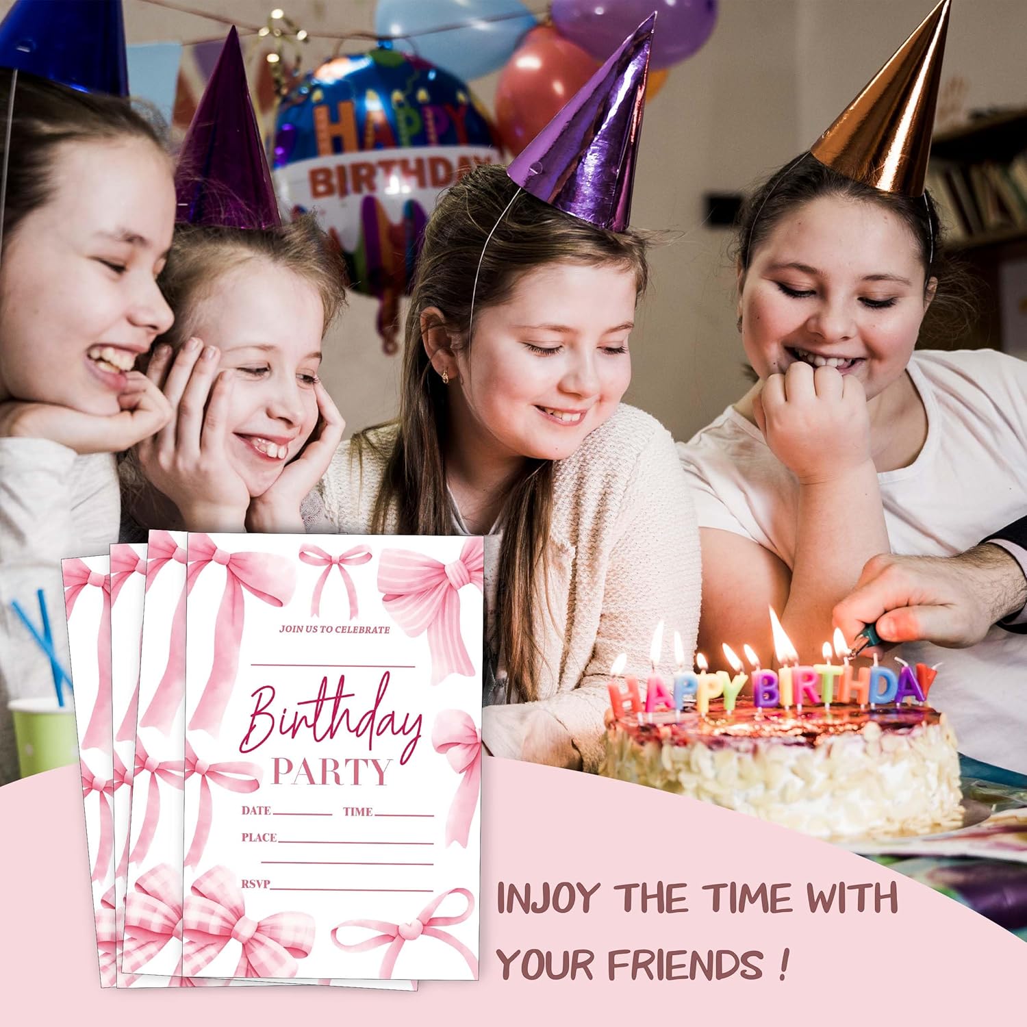 Eronm 20 Pack Pink Bow Birthday Invitations with Envelopes