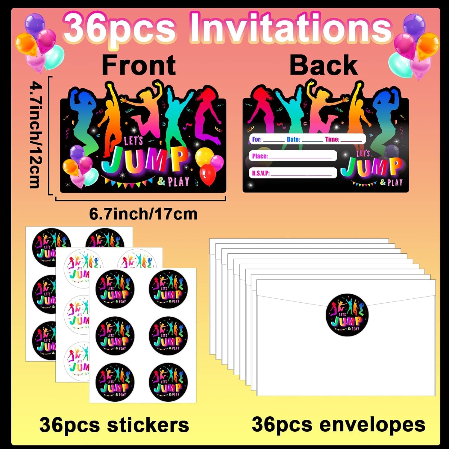 36pcs Bounce House Party Invites with Envelopes and Stickers