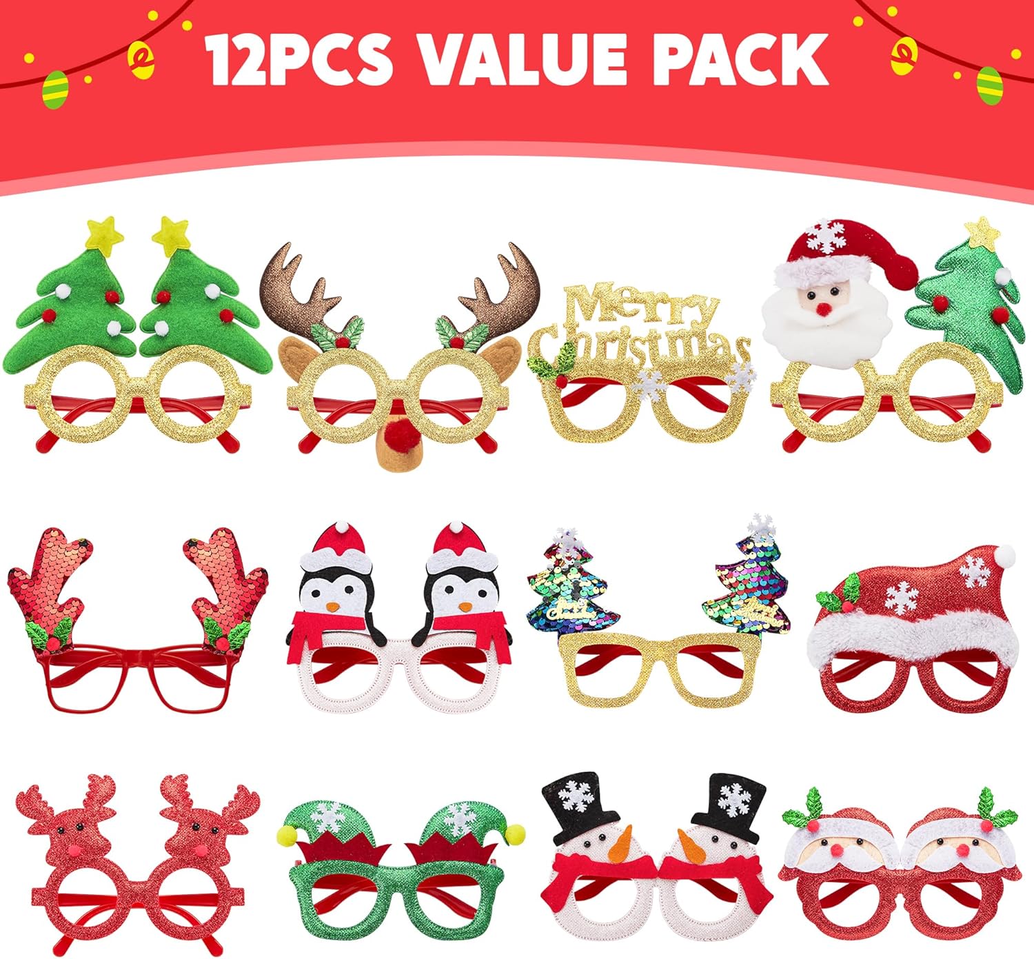 JOYIN 12 Pcs Glitter Christmas Party Glasses Frames