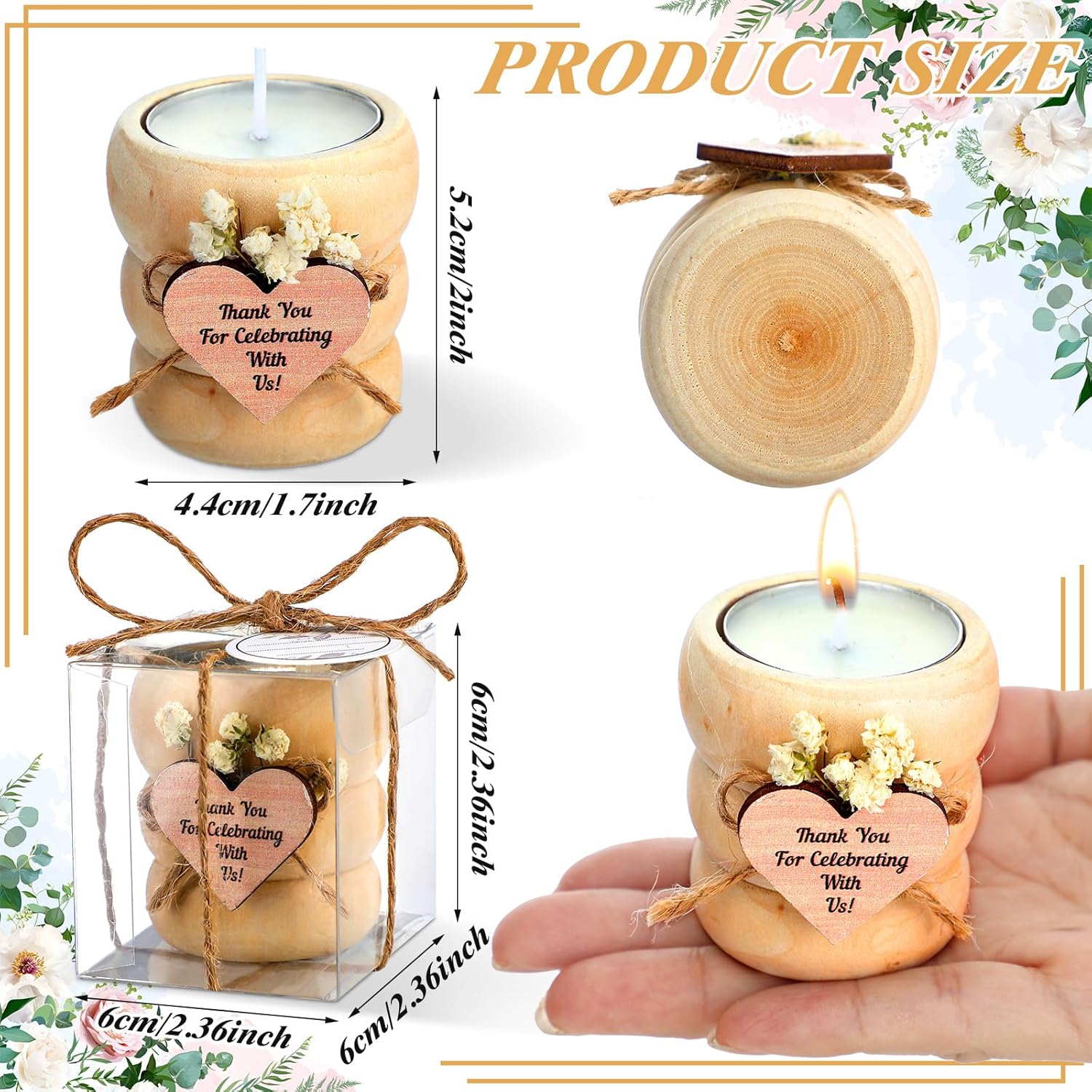 MTLEE 16 Piece Wooden Tealight Candle Holder Set with Cards and Rope