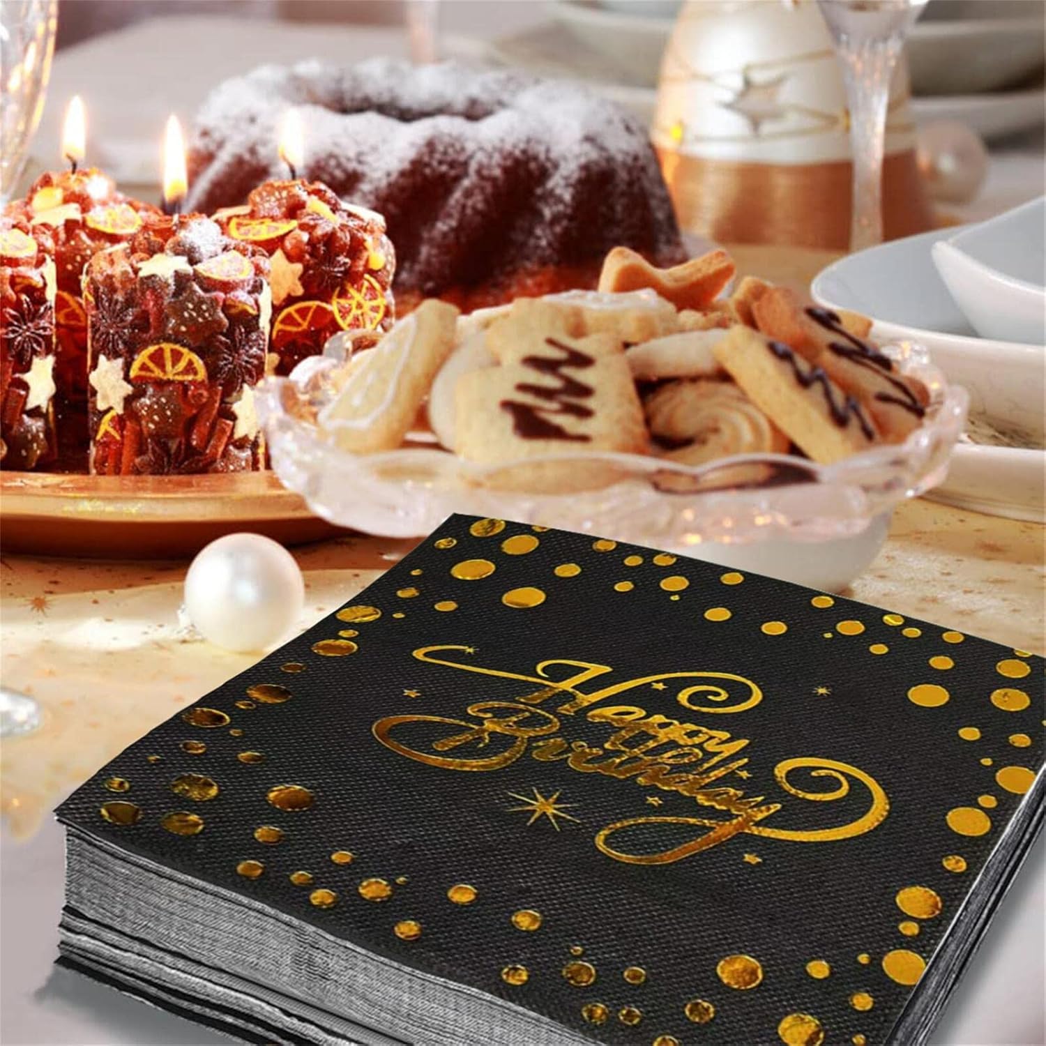 40pcs Black and Gold Birthday Napkins for Parties