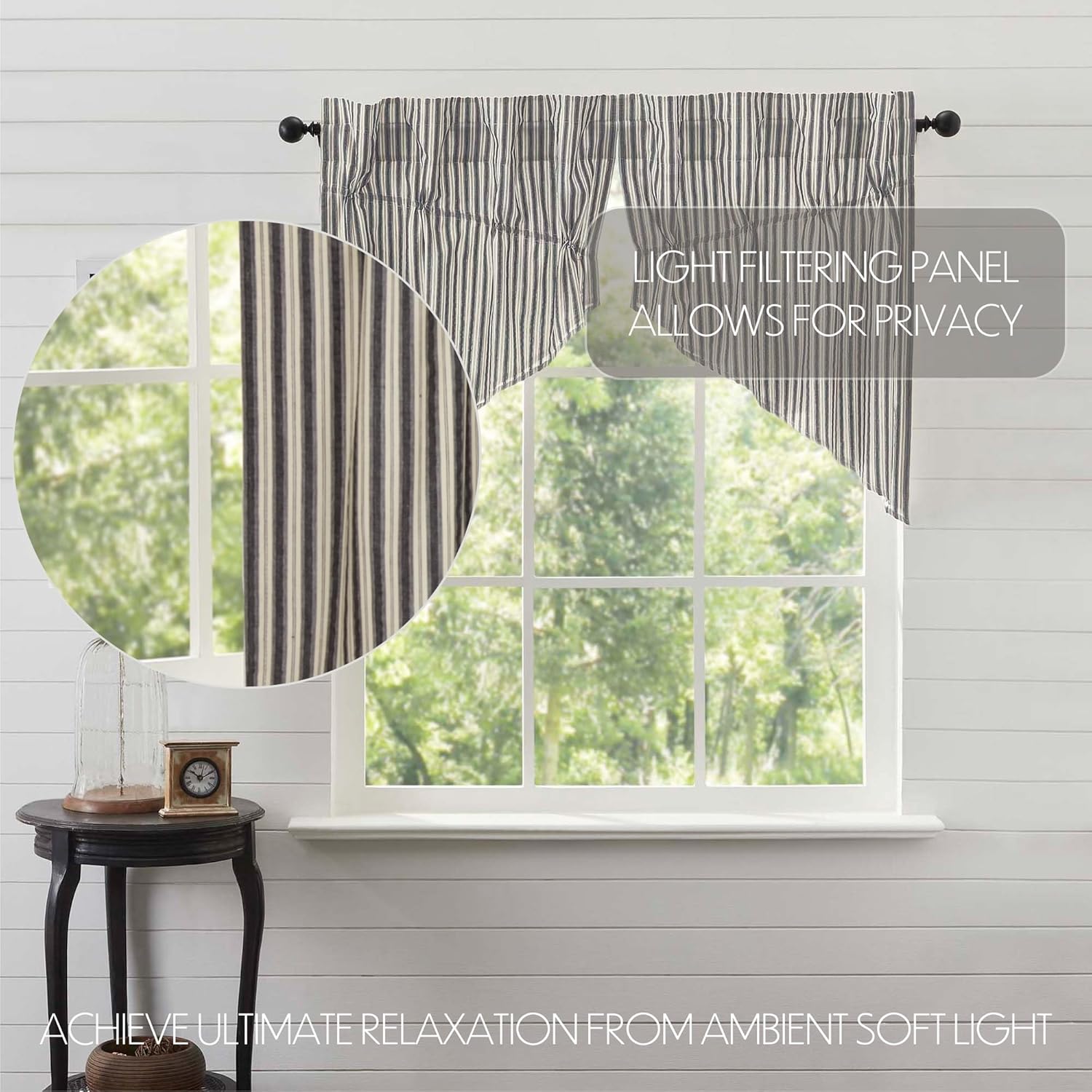 VHC Brands Ashmont Grey Ticking Stripe Farmhouse Prairie Swag Curtain Set