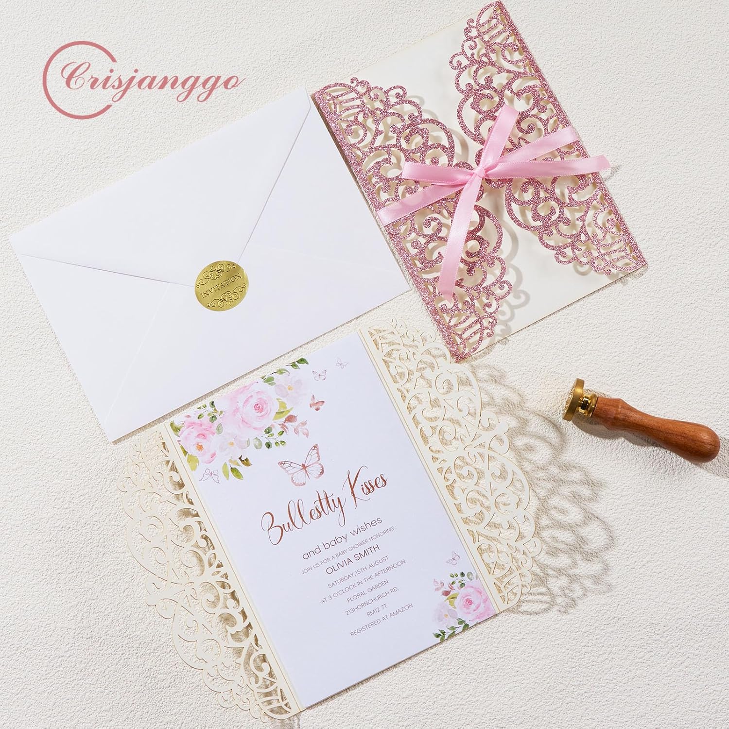 25pcs Pink Glitter Laser Cut Wedding Invitation Kit with Envelopes and RSVP Cards