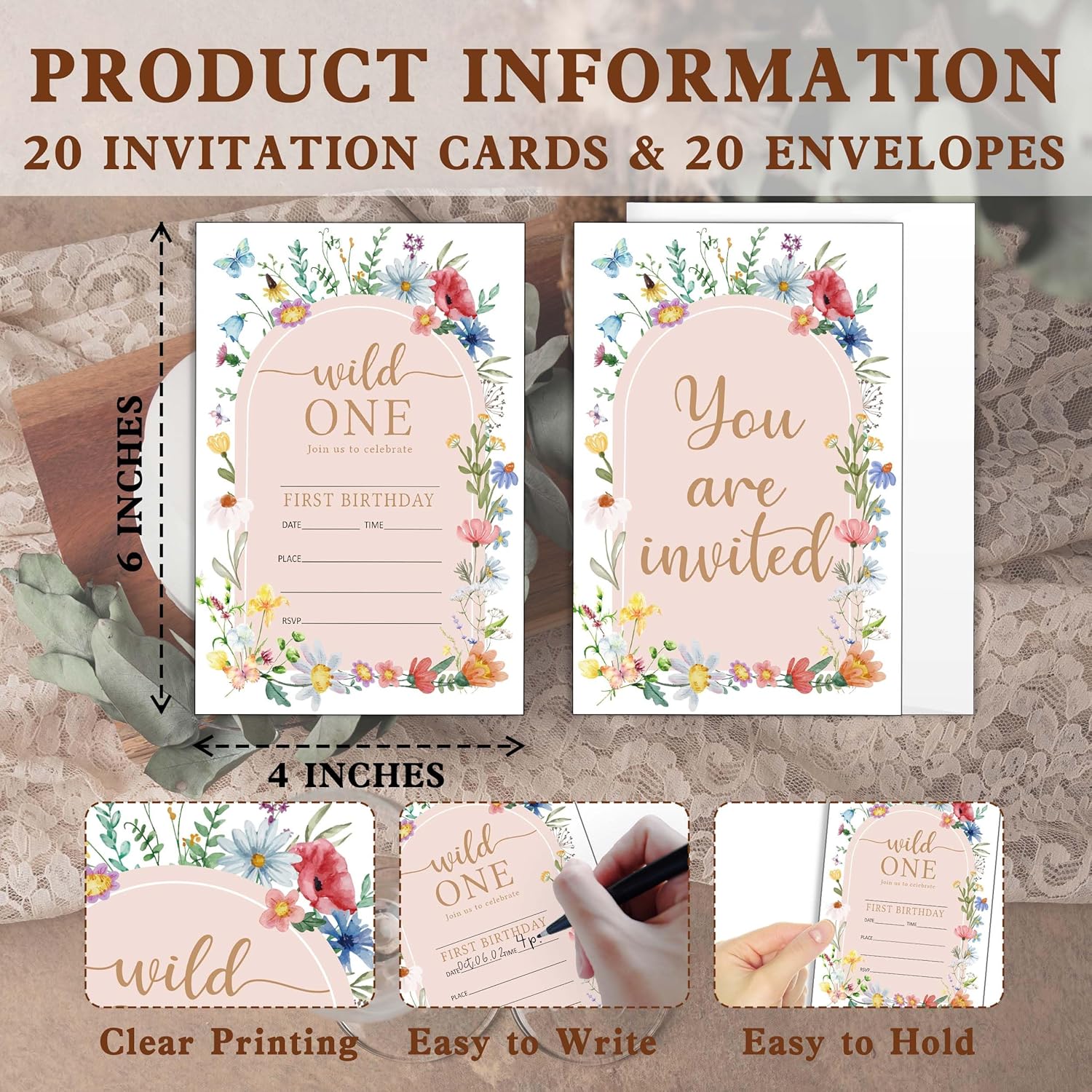 Wildflower Birthday Invitations 20Pcs 4x6 Fill-In Cards for Kids Party Supplies