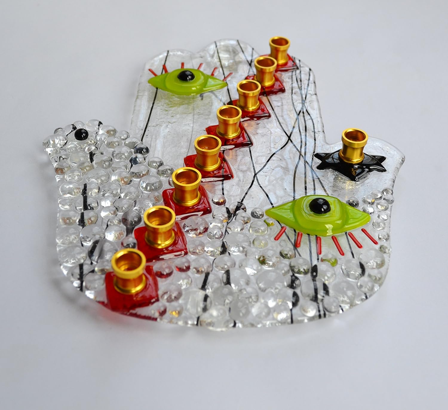 Handmade Hamsa Dove Picasso Face Glass Menorah