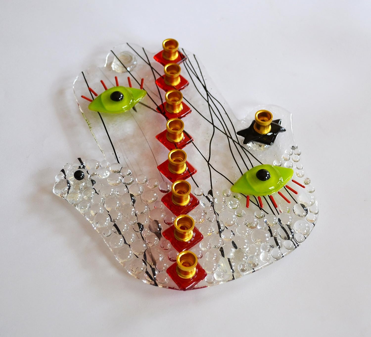 Handmade Hamsa Dove Picasso Face Glass Menorah