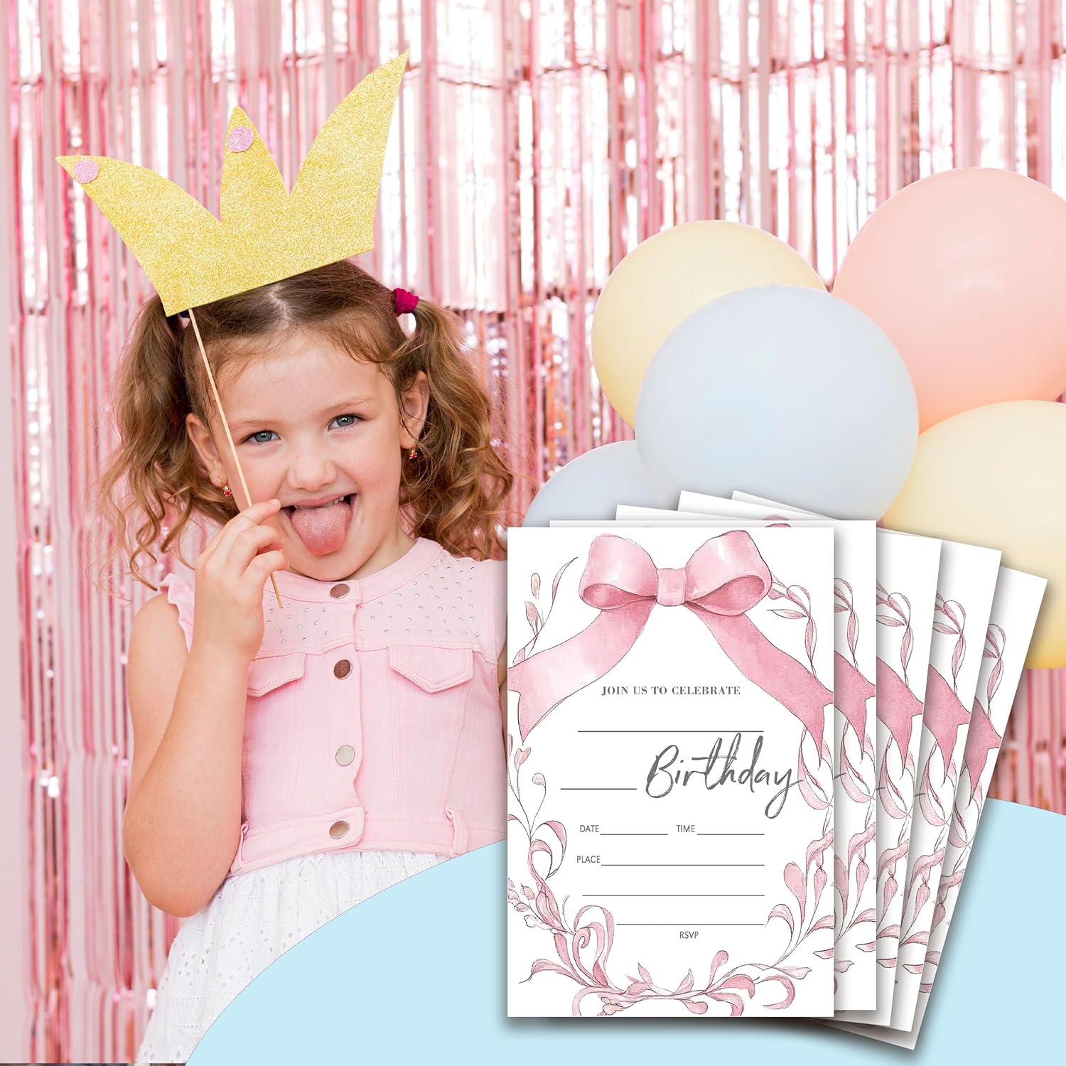 Pink Bow Birthday Invitations with Envelopes