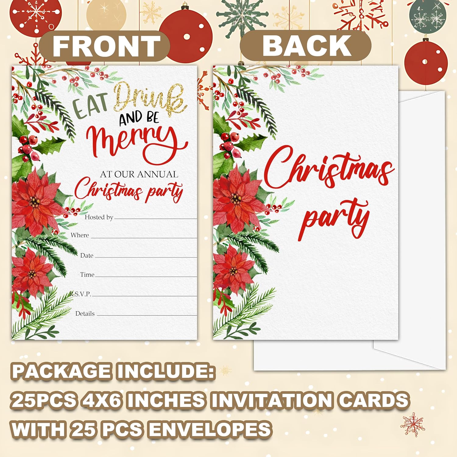 Christmas Party Invitations with Envelops - 25 Cards Set