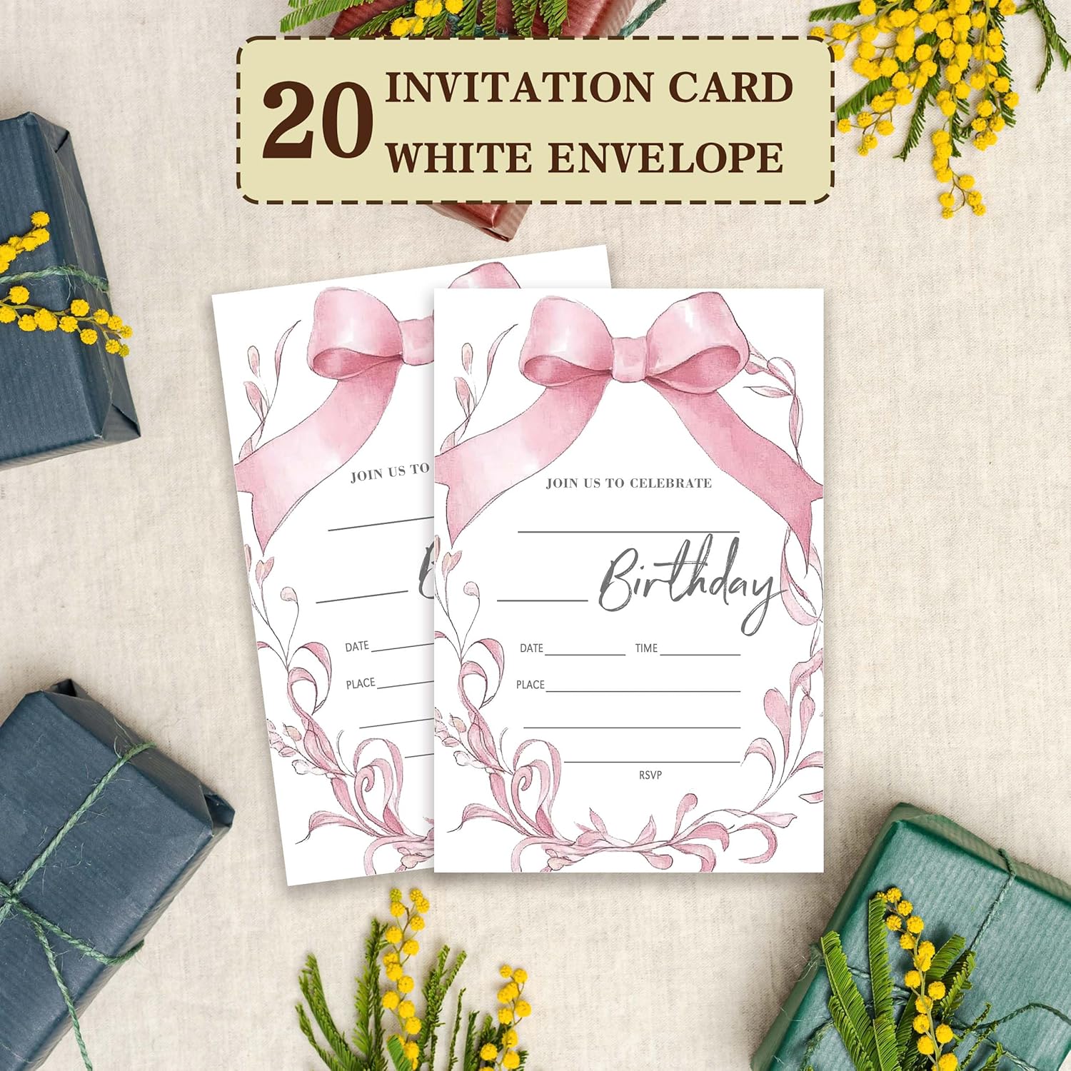 Pink Bow Birthday Invitations with Envelopes