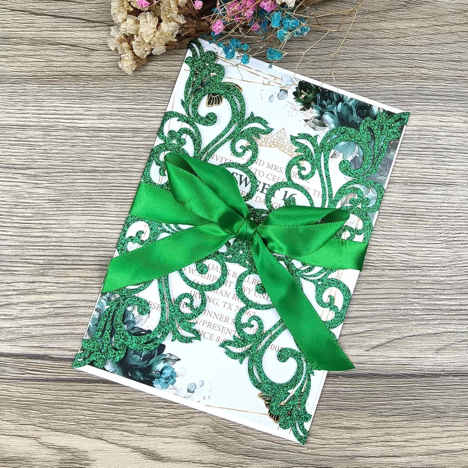 25PCS Green Glitter Laser Cut Wedding Invitation Cards with Envelopes and Ribbons