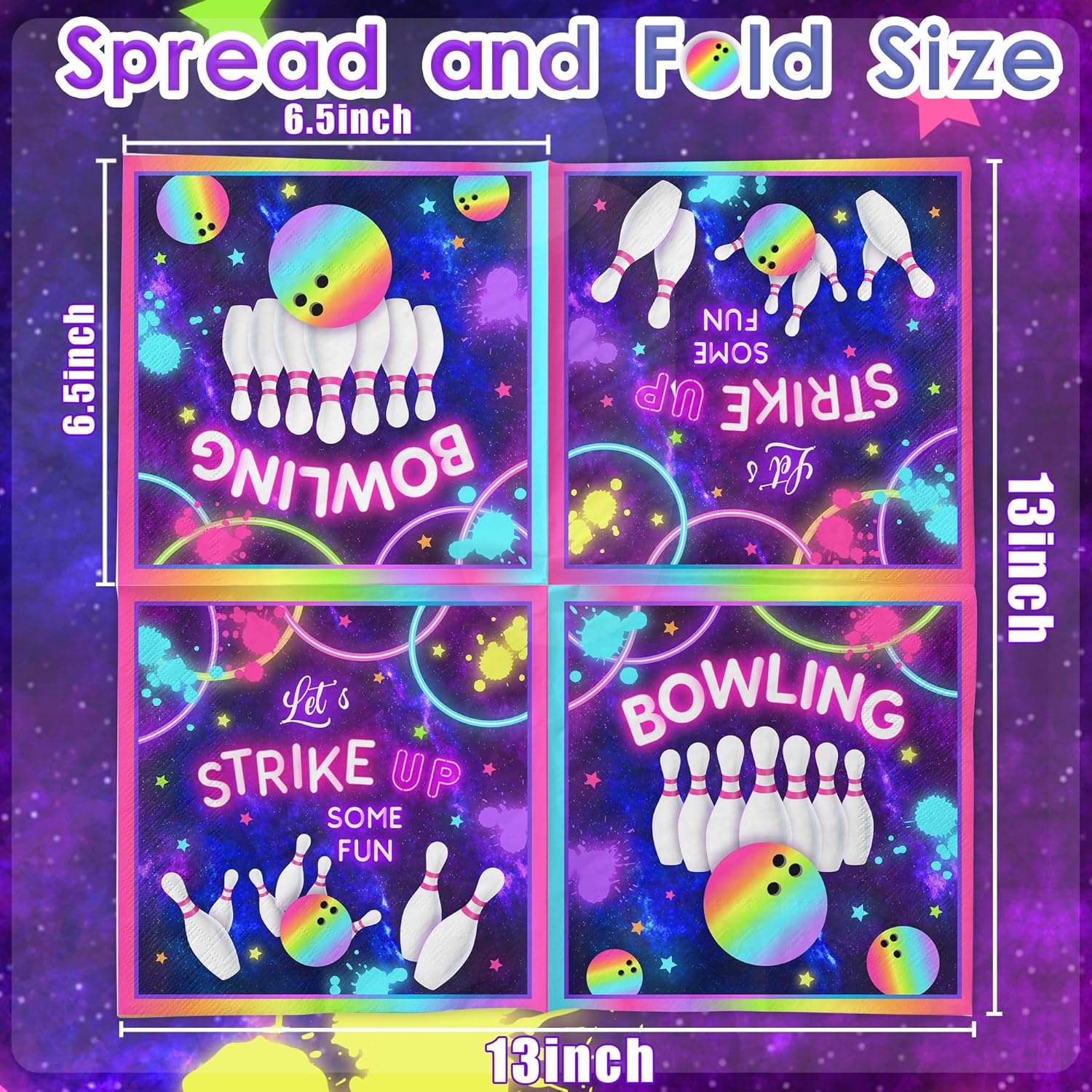 Bowling Birthday Napkins 40Pcs Rainbow Neon Glow Girl Party Decorations