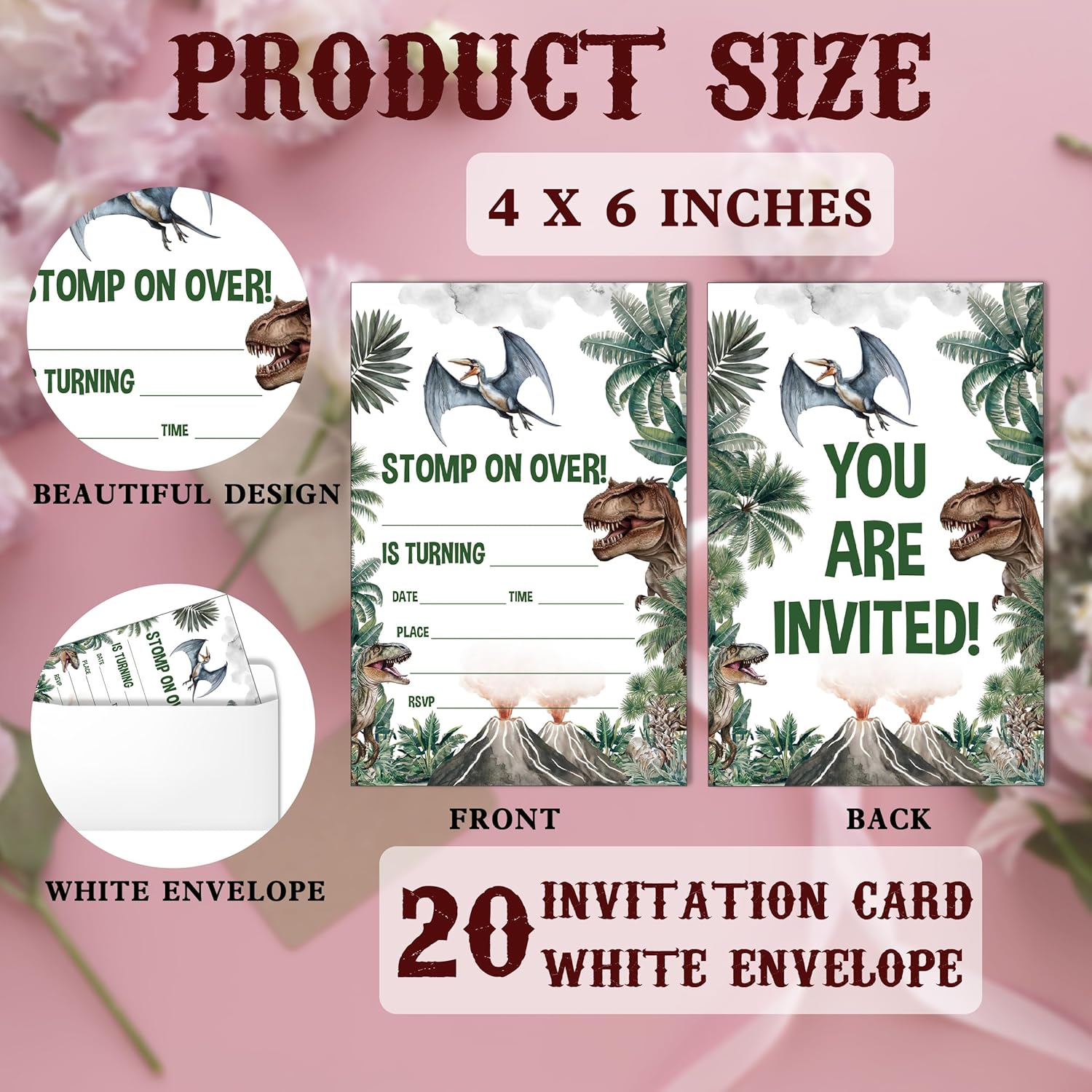 SIXEIGHT Dinosaur Birthday Invitations 20 Pack with Envelopes