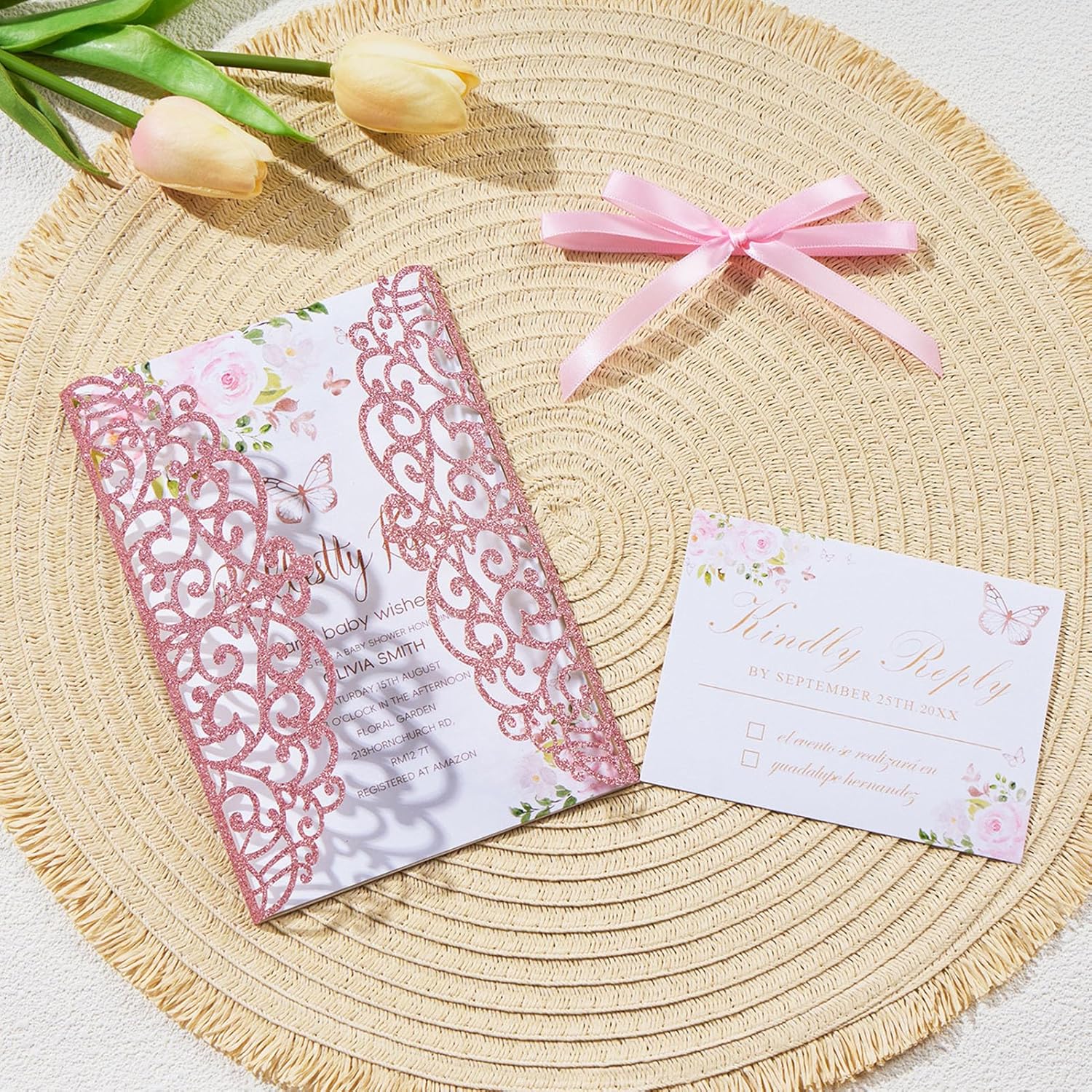 25pcs Pink Glitter Laser Cut Wedding Invitation Kit with Envelopes and RSVP Cards