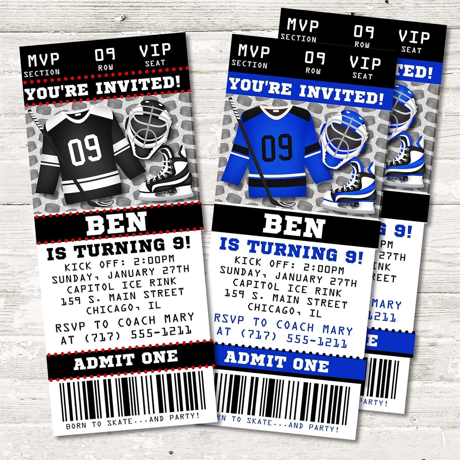 Ice Hockey Birthday Party Ticket Invitations 1