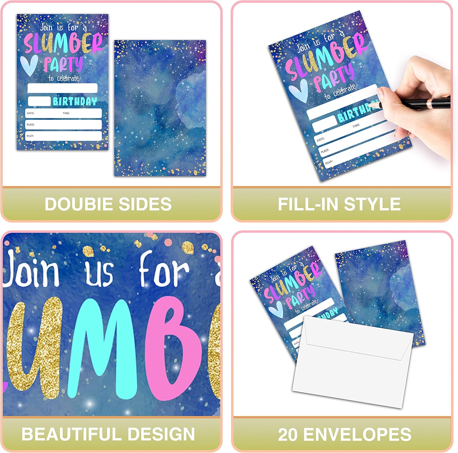 Slumber Birthday Invites with Envelopes - 20 Pack