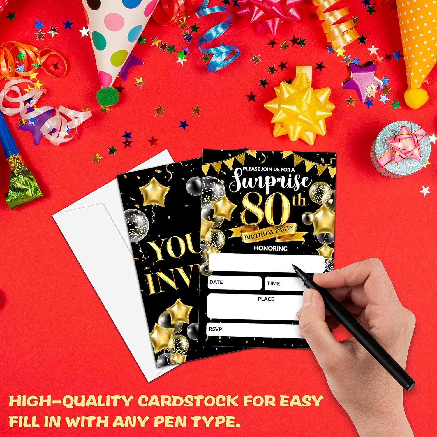 Surprise 80th Birthday Party Invitations Black Gold 20 Set