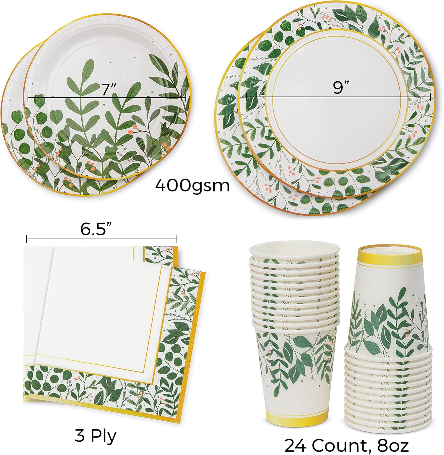 Royal Bluebonnet Greenery Paper Plates and Napkins - Set of 24