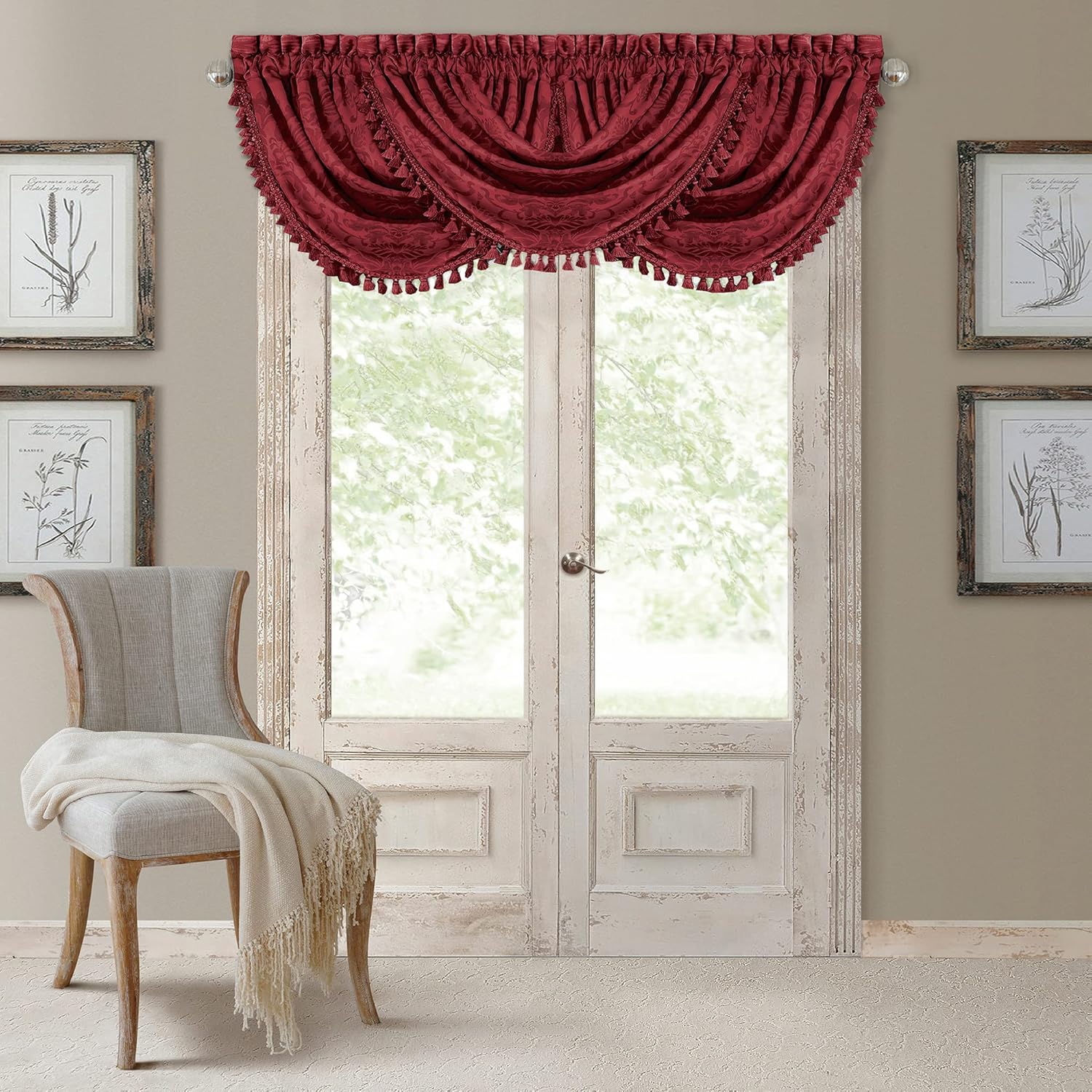 Elrene Antonia Floral Damask Window Valance with Tassels 52x36 Rouge