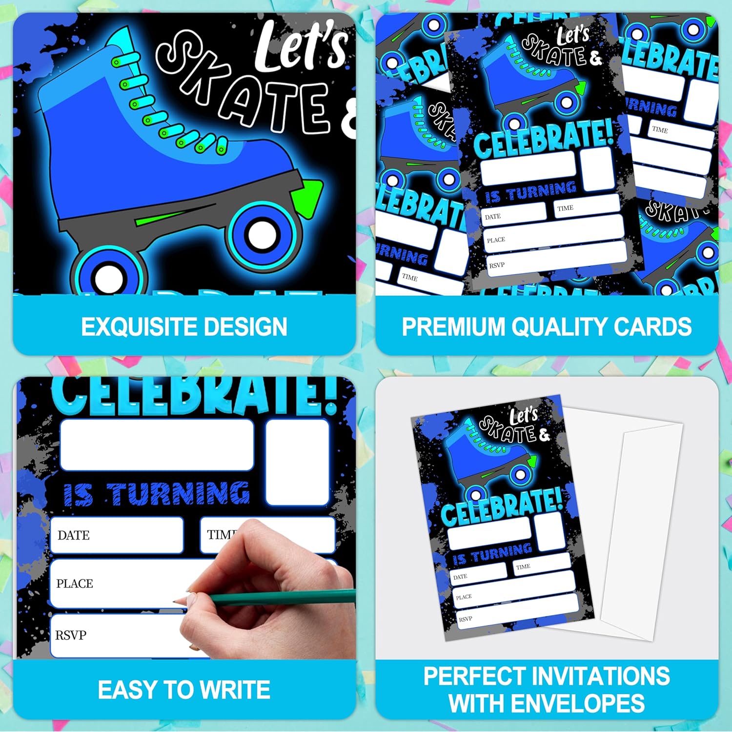 ONDTON Blue Roller Skating Birthday Invitations With Envelopes 20 Pack