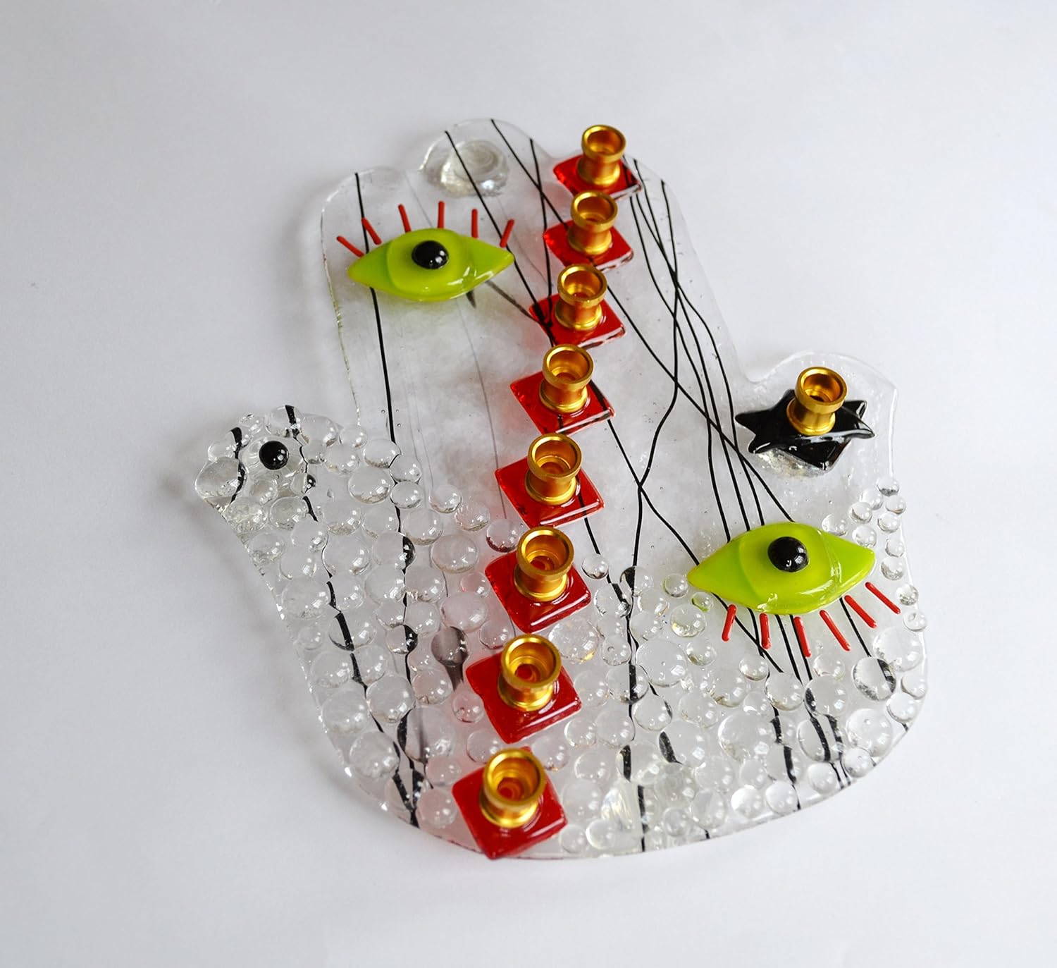 Handmade Hamsa Dove Picasso Face Glass Menorah