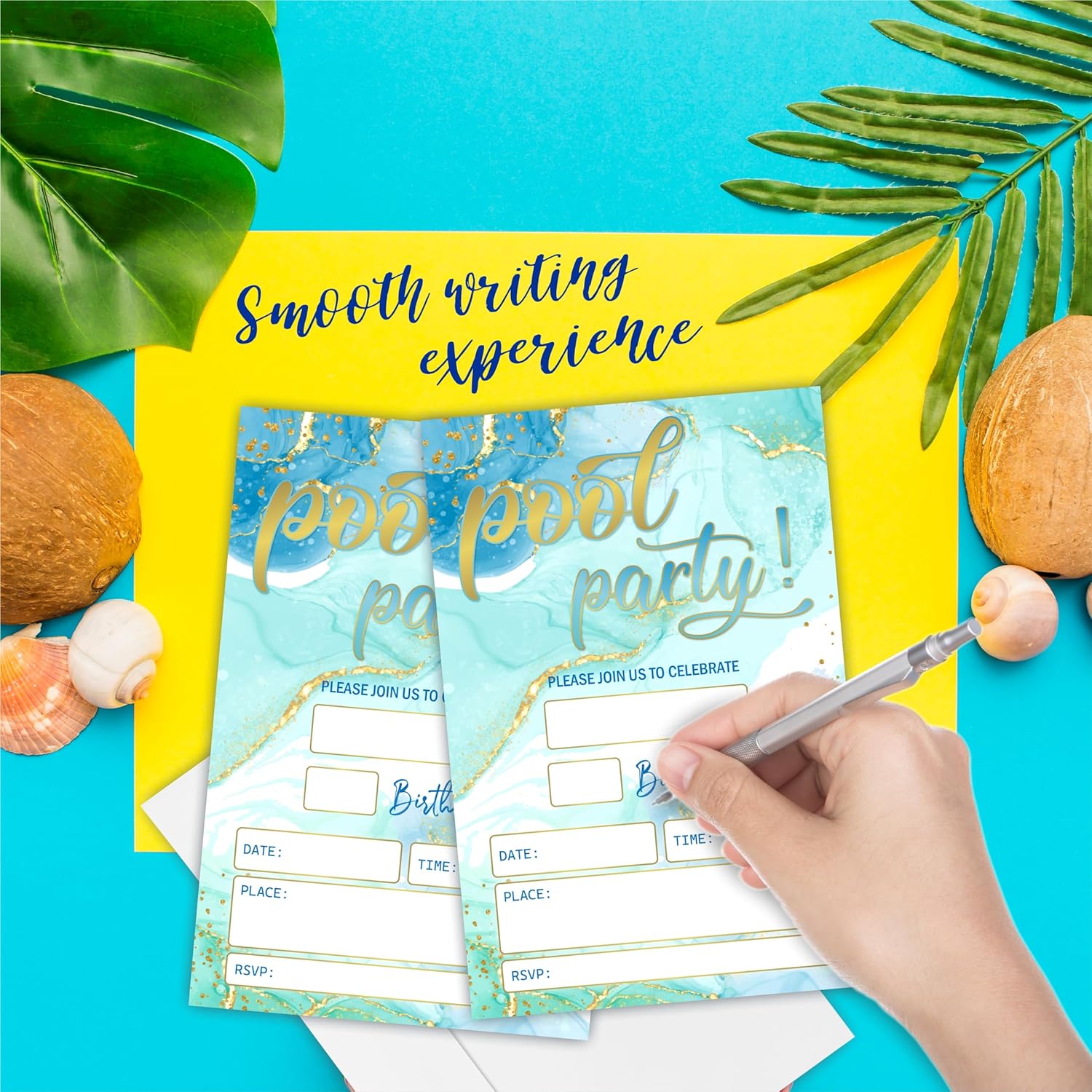 Pool Party Birthday Invitations 4x6 Gold Blue Double Sided