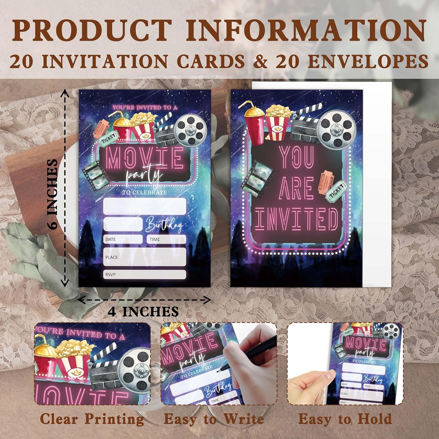 Movie Party Birthday Invitations 20 PCS 4x6 Inch with Envelopes