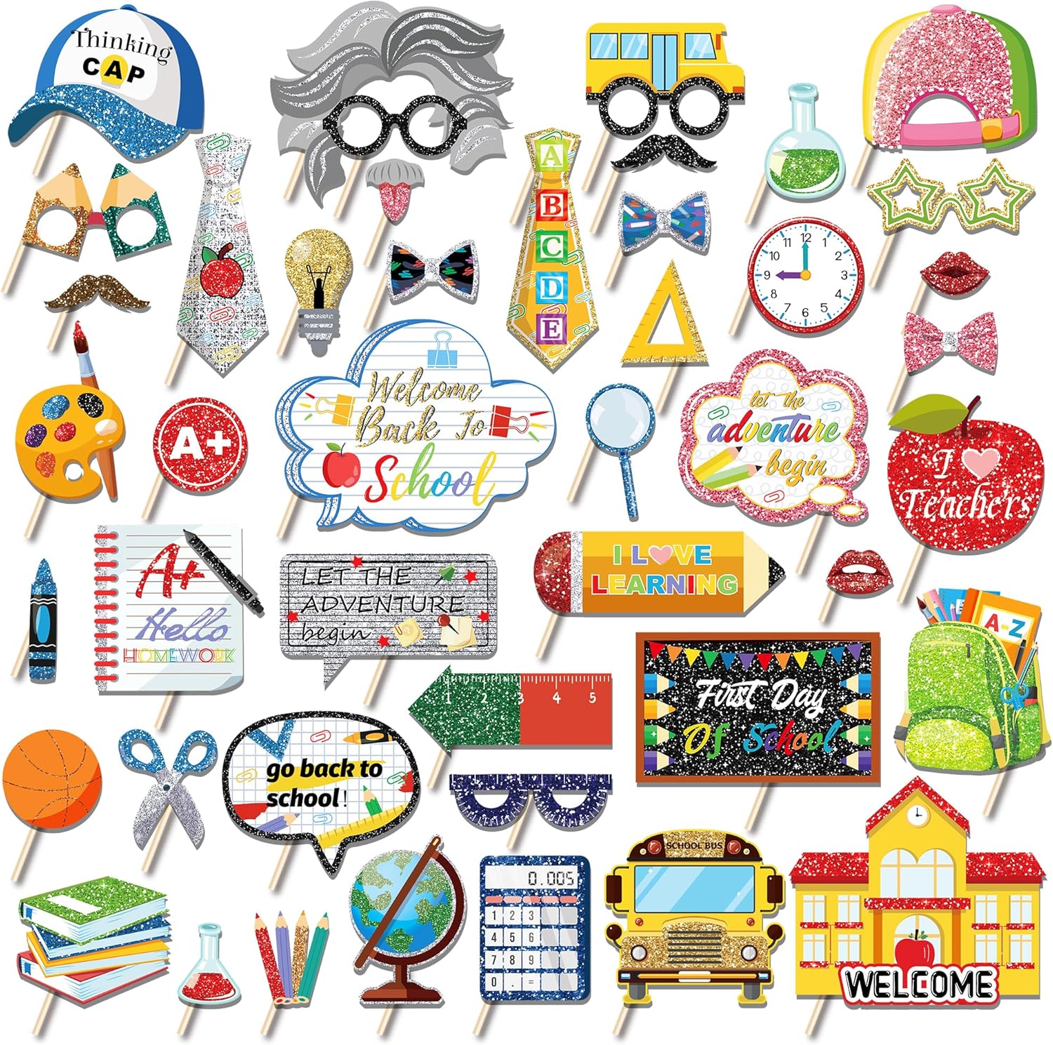 45Pcs Back to School Photo Booth Props Kit with Sticks