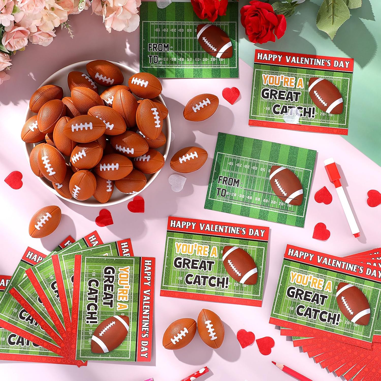 36 Pcs Kids Valentines Day Gift Cards with Foam Football Stress Balls