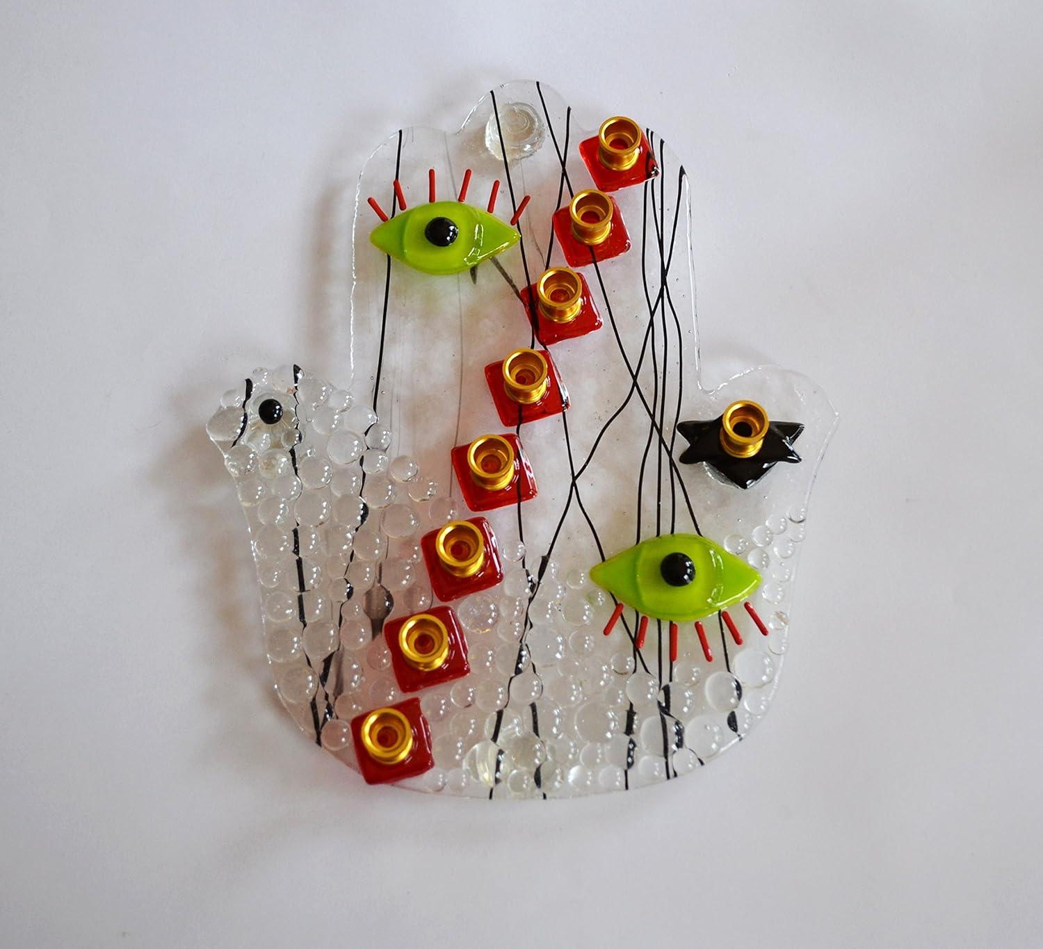 Handmade Hamsa Dove Picasso Face Glass Menorah