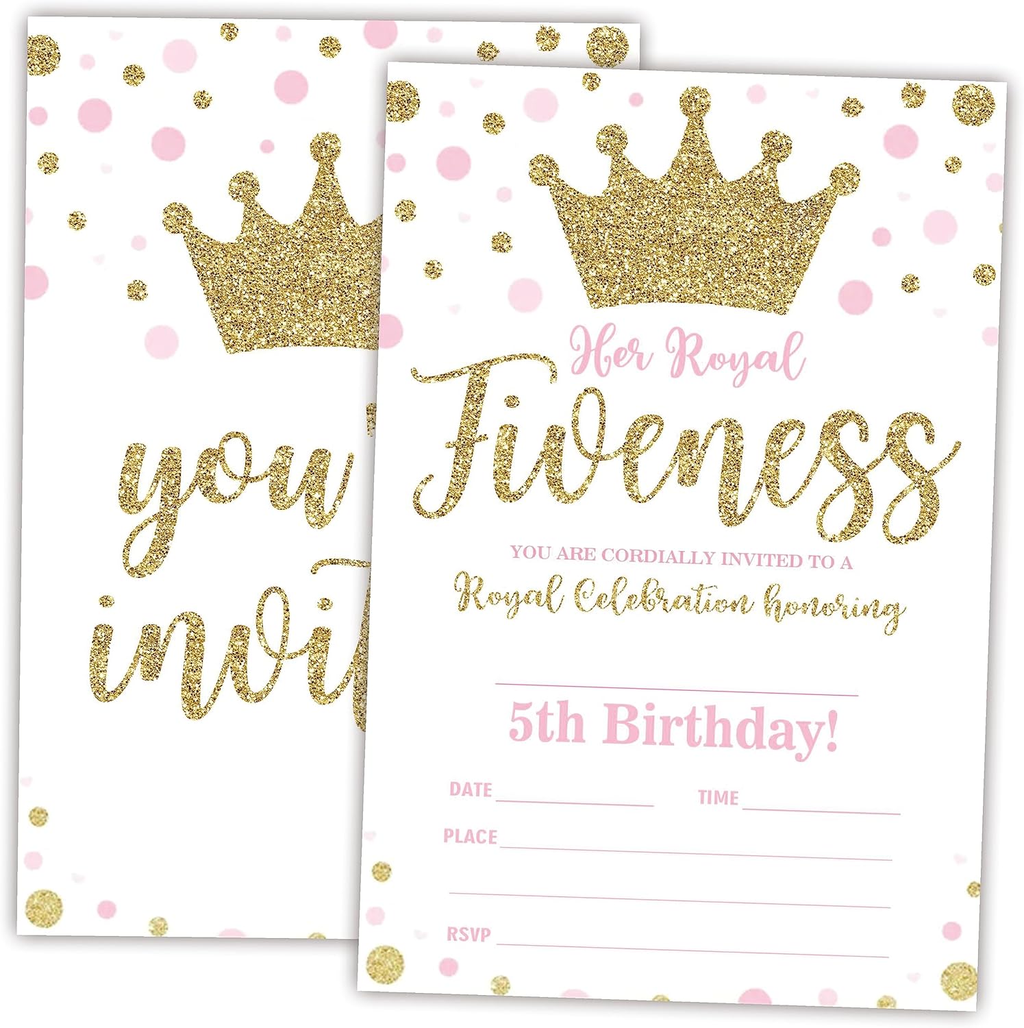 Royal Fifth Birthday Invitations Gold Crown Fill-In Cards 20 Pieces