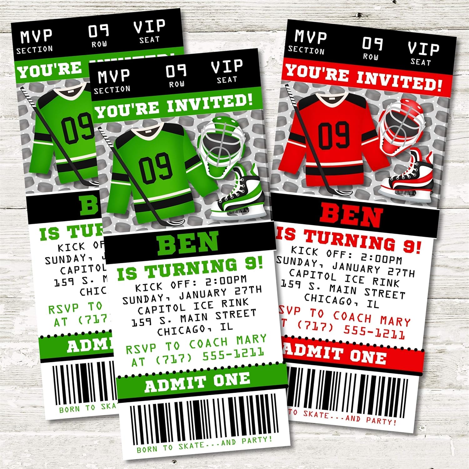 Ice Hockey Birthday Party Ticket Invitations 1