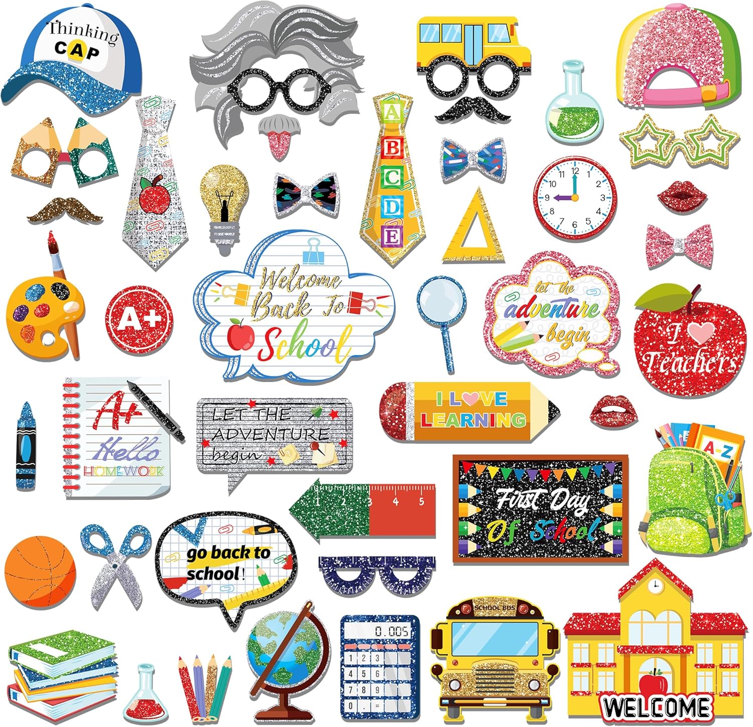 45Pcs Back to School Photo Booth Props Kit with Sticks
